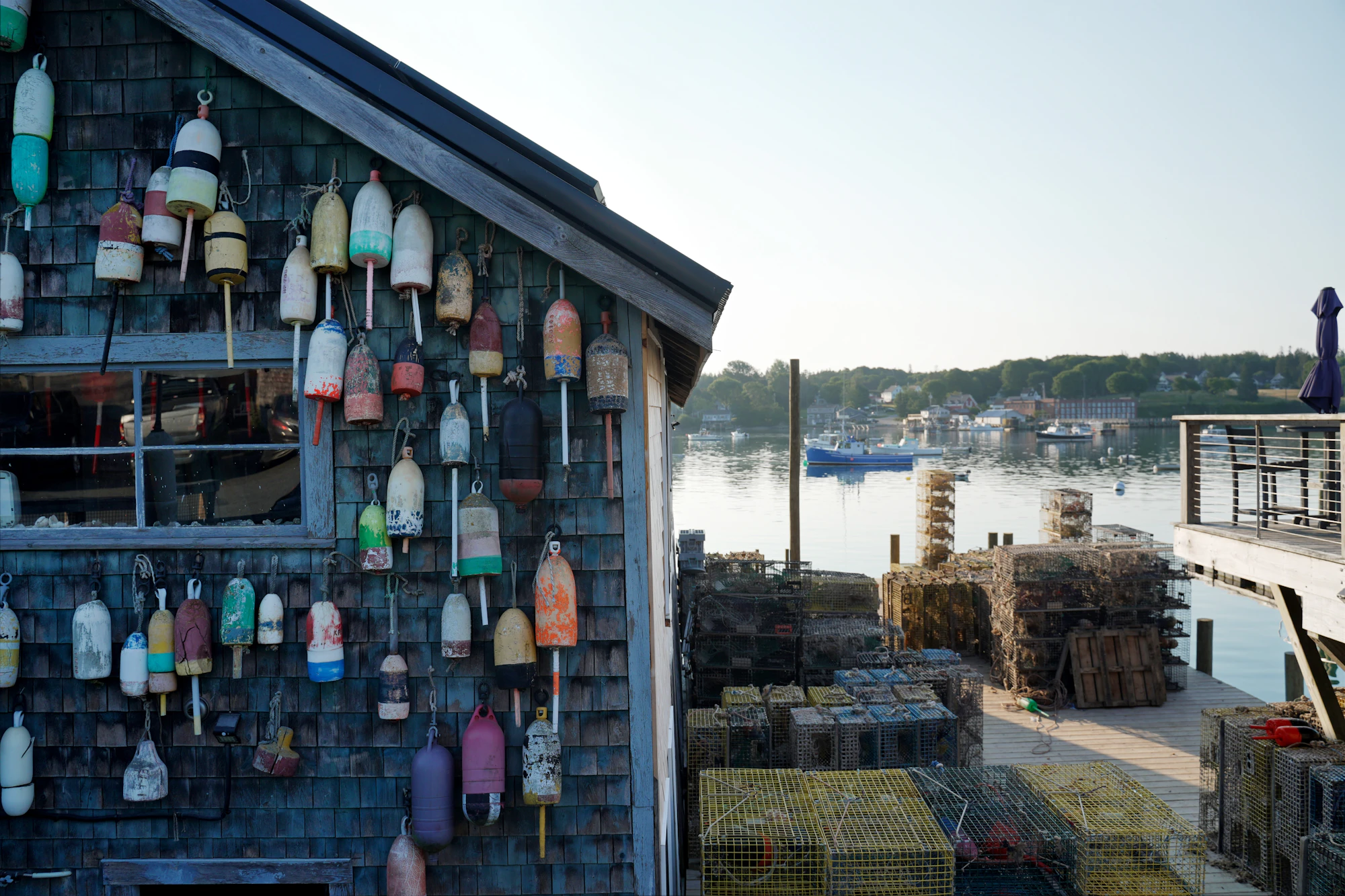 A weathered shingled shack hung with colorful lobster buoys stands over stacked lobster traps at a working New England harbor.