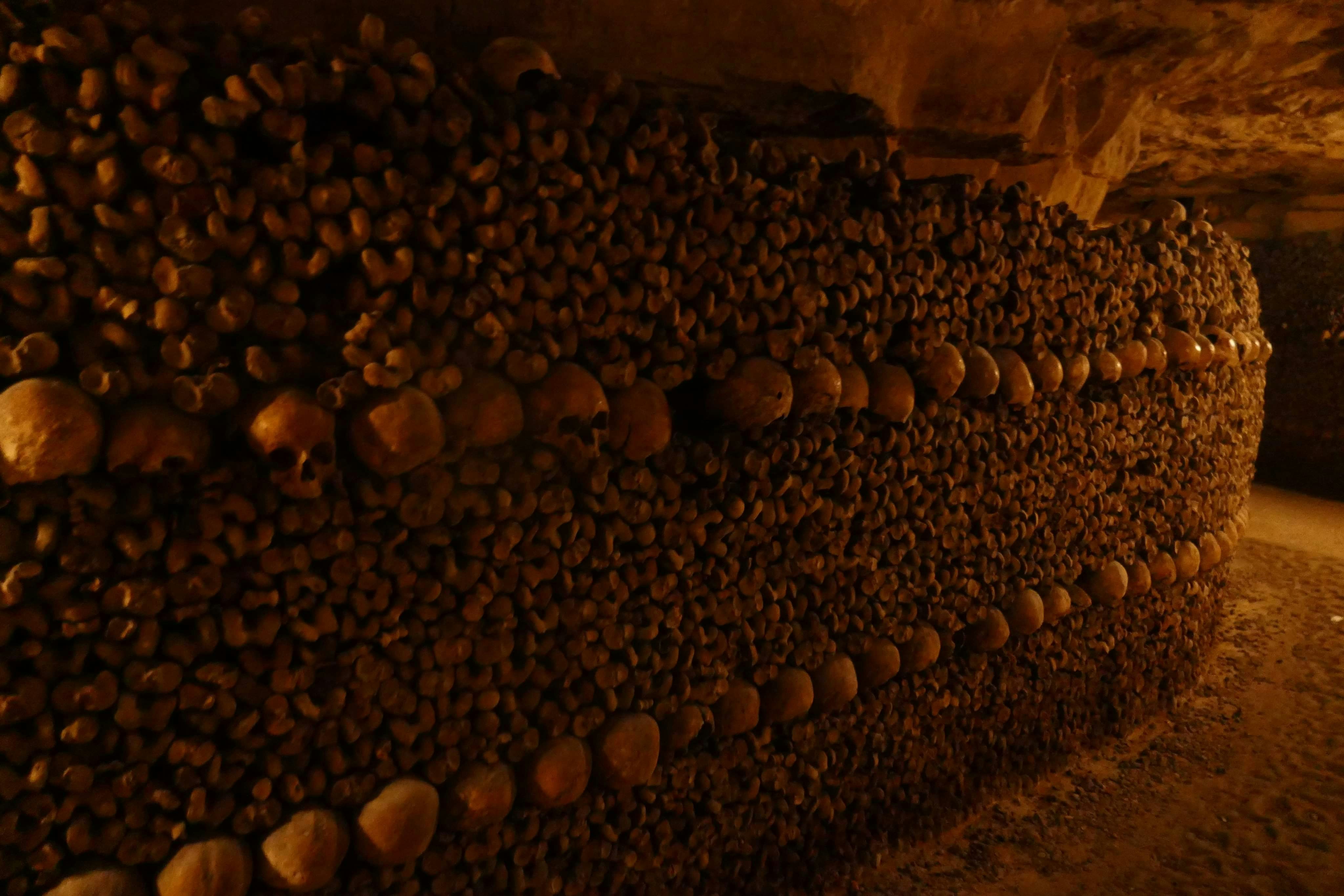 Wall of human skulls and bones in a dark catacomb