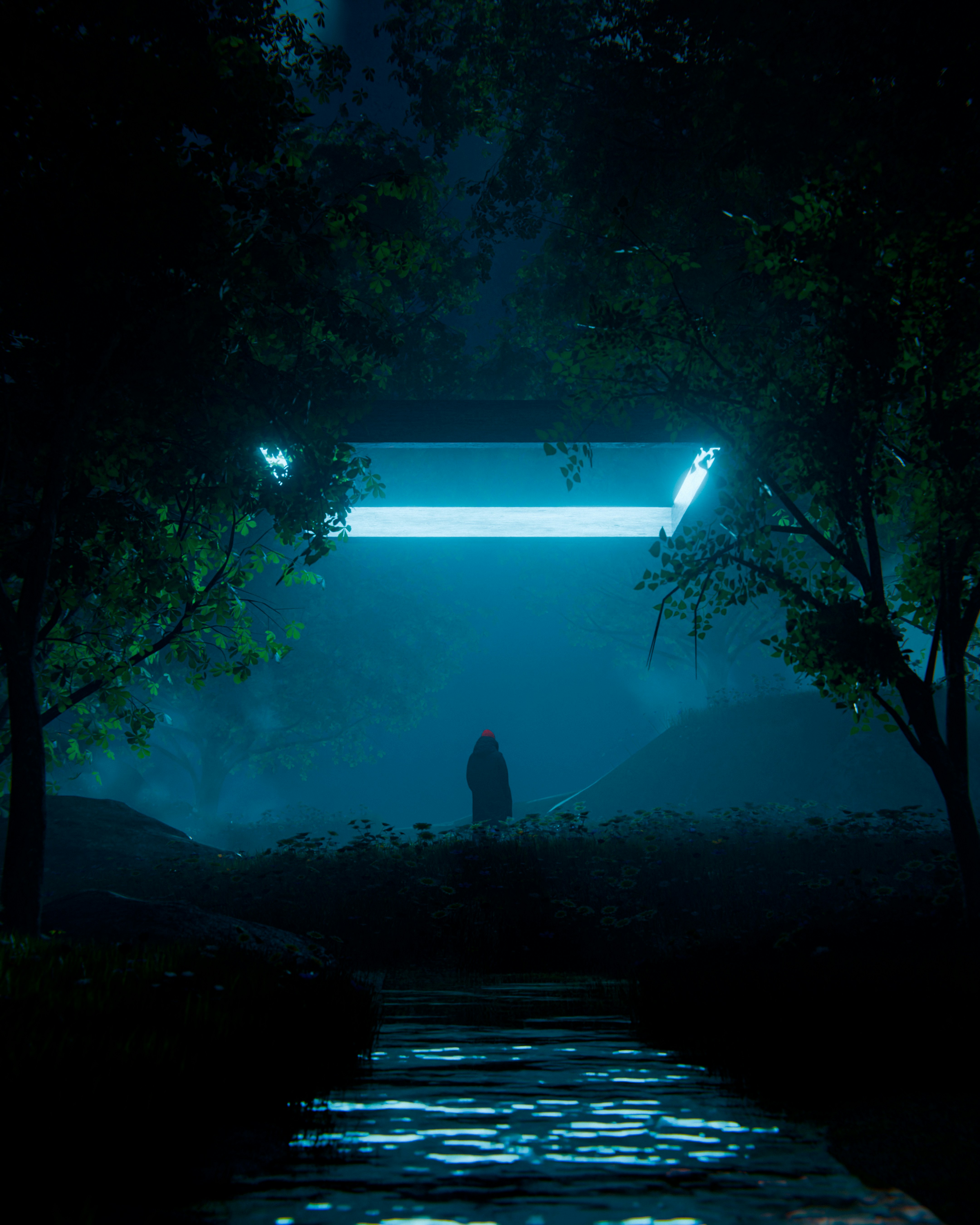 Mysterious forest scene with a glowing blue structure and figure.