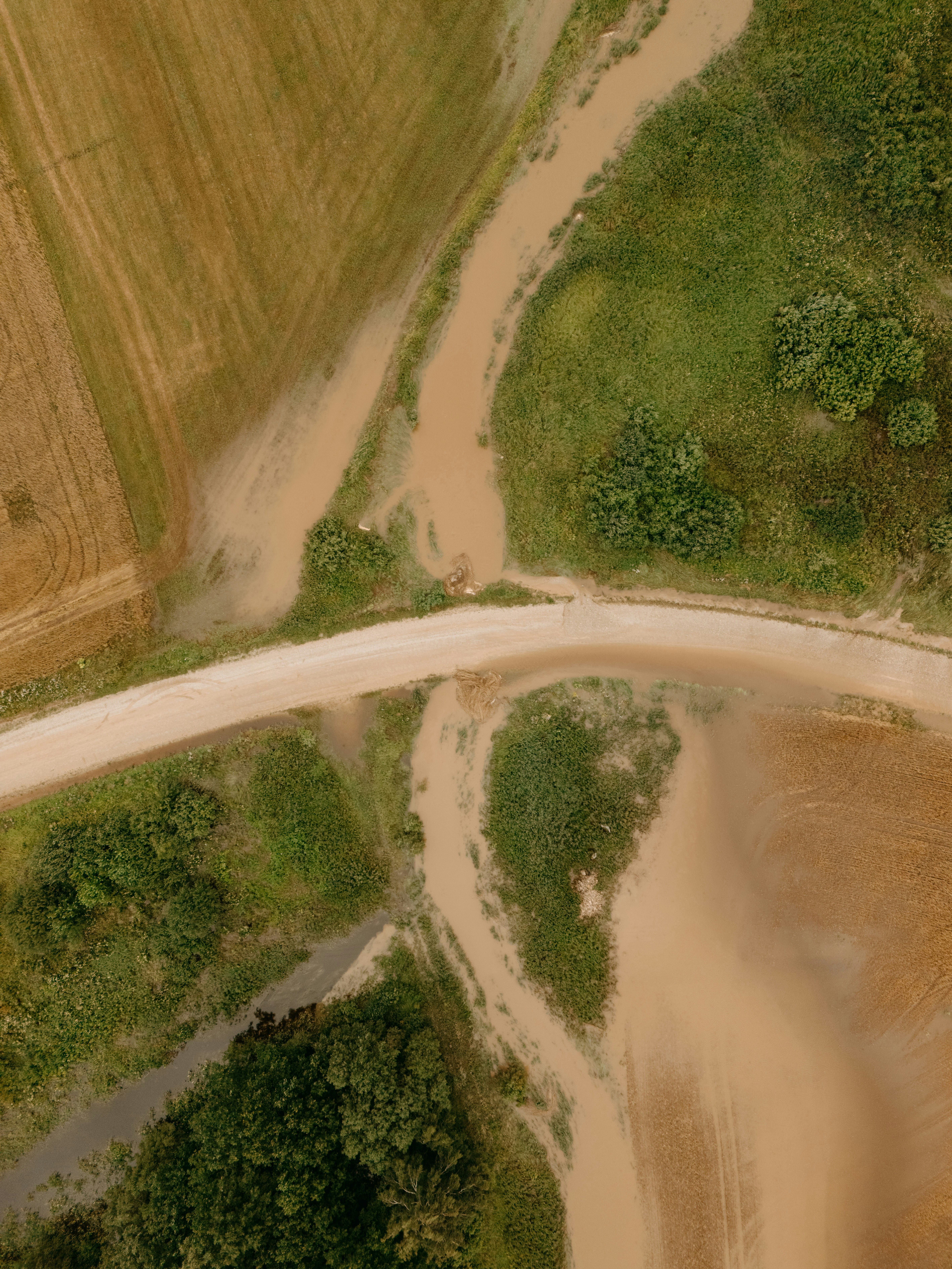 Dirt road and muddy streams cross brown and green fields