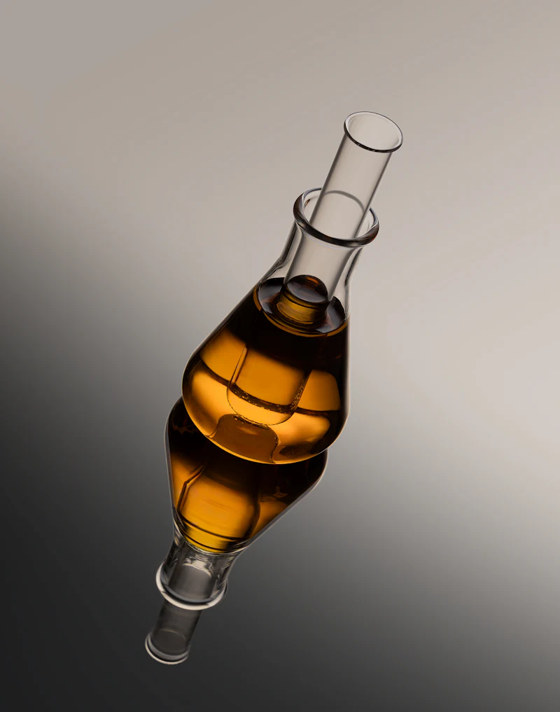 Amber oil sample held in a laboratory flask against a neutral background