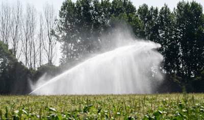 Irrigation sprinkler watering a green agricultural field with trees.