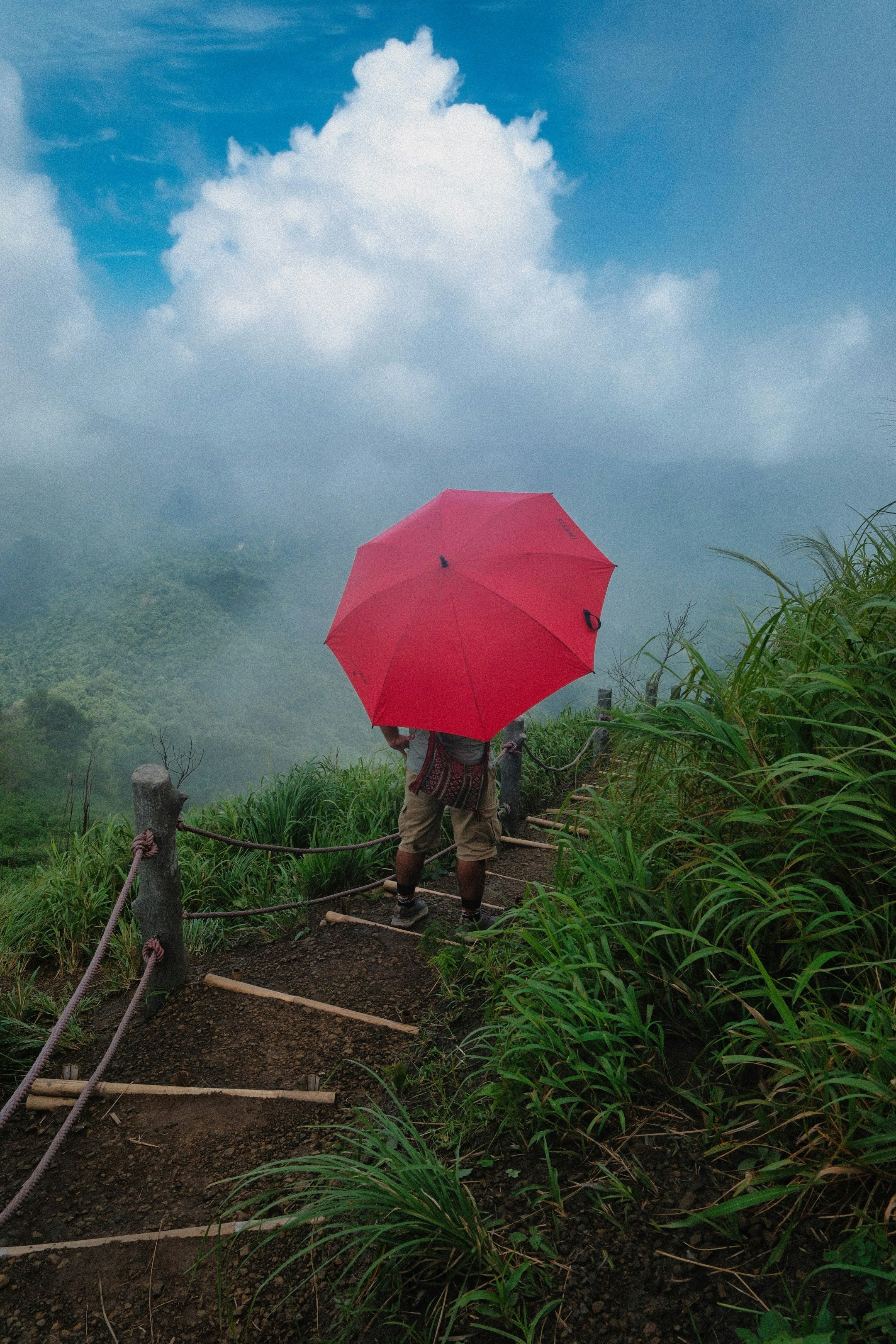 Hiker under a red umbrella walking up a grassy, rope-lined mountain path in mist, a white cloud rising over the valley