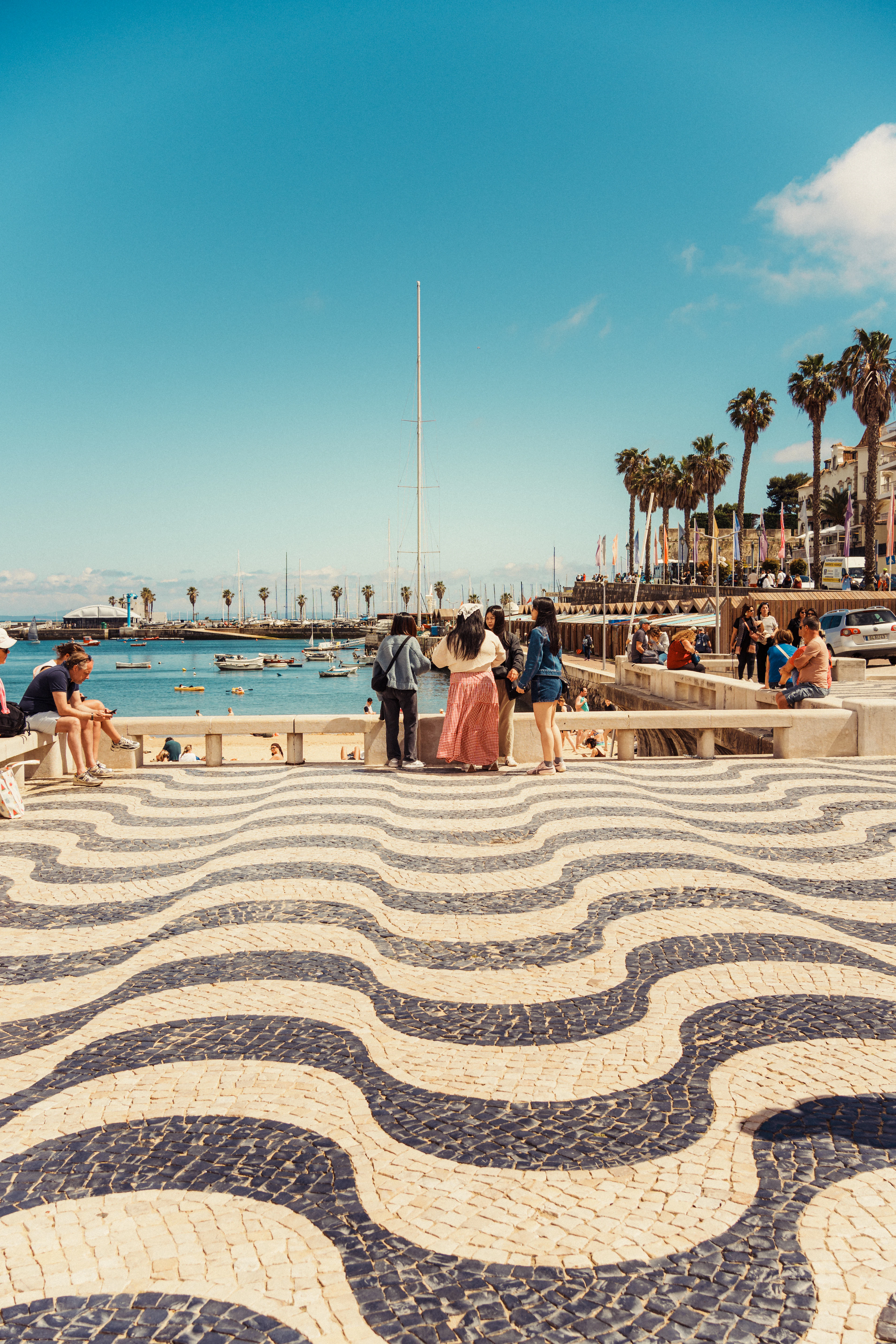 Palm-lined waterfront promenade with people strolling by the bay