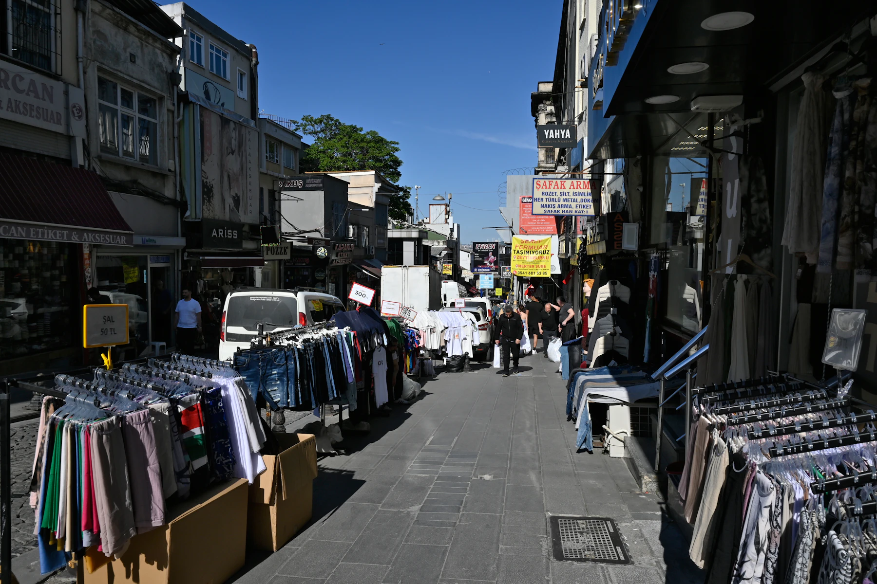 Narrow street lined with clothing racks and people shopping