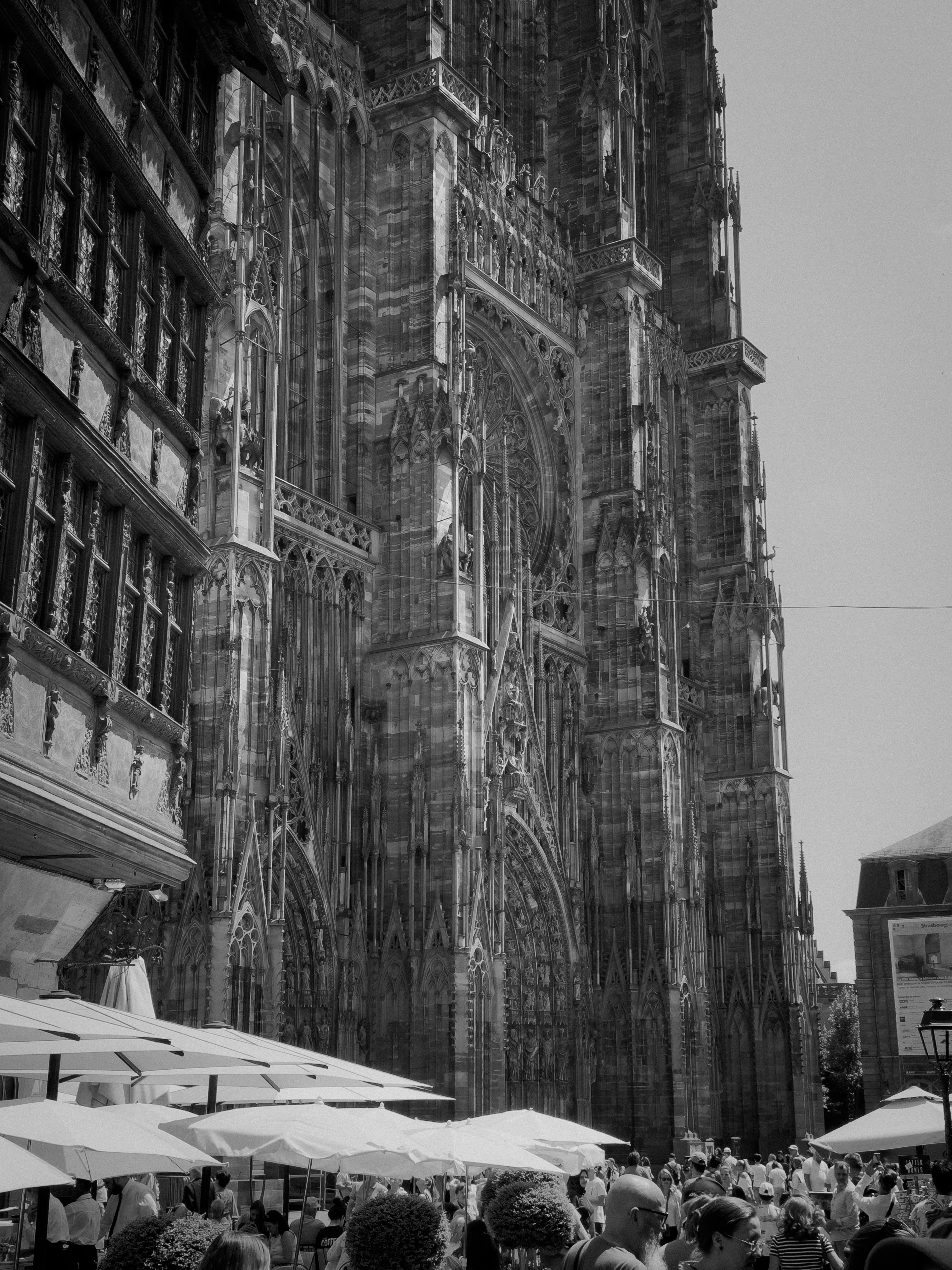 Cathédrale gothique ornée dominant un marché de rue animé.