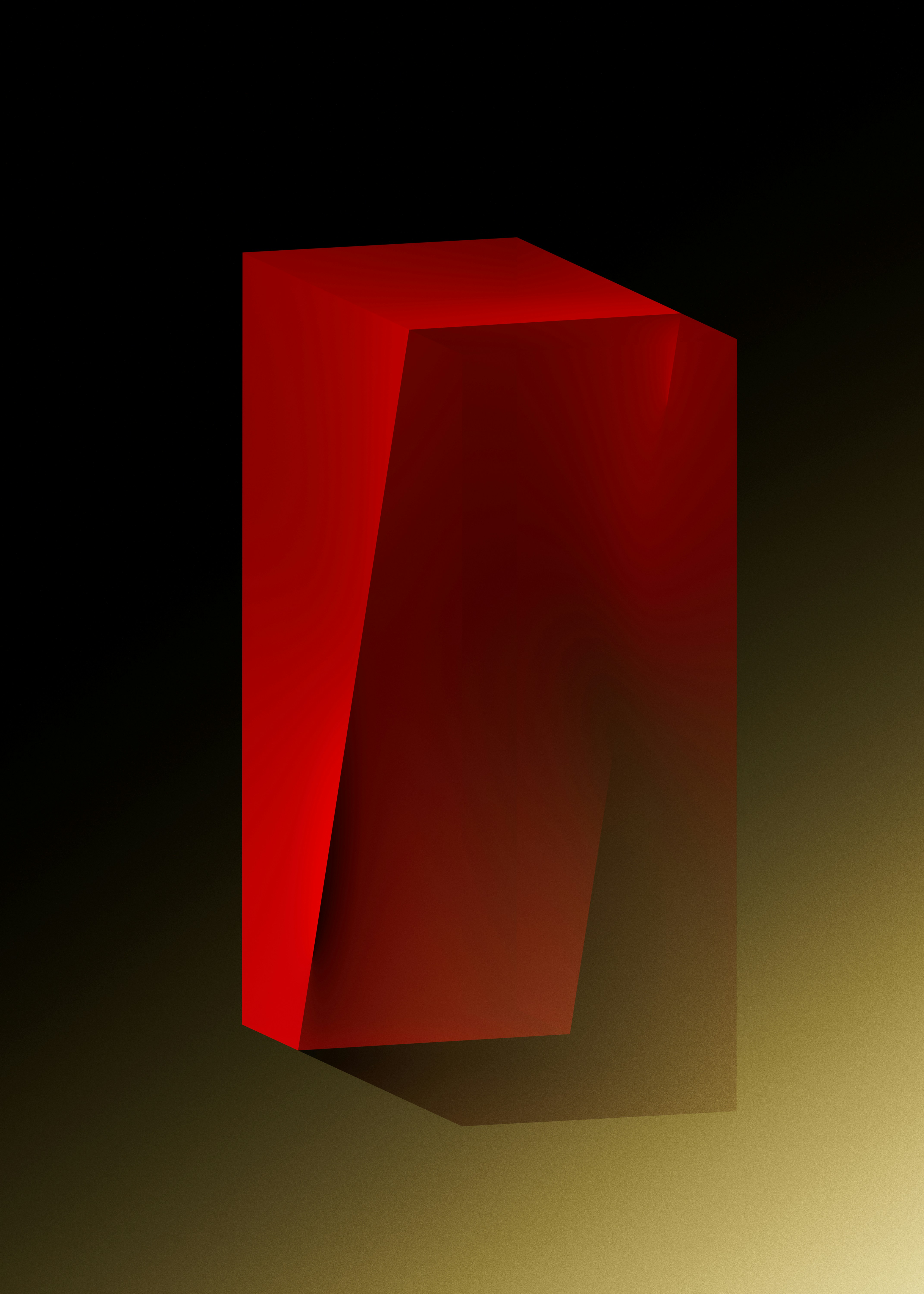 Red rectangular prism casting shadow on dark surface