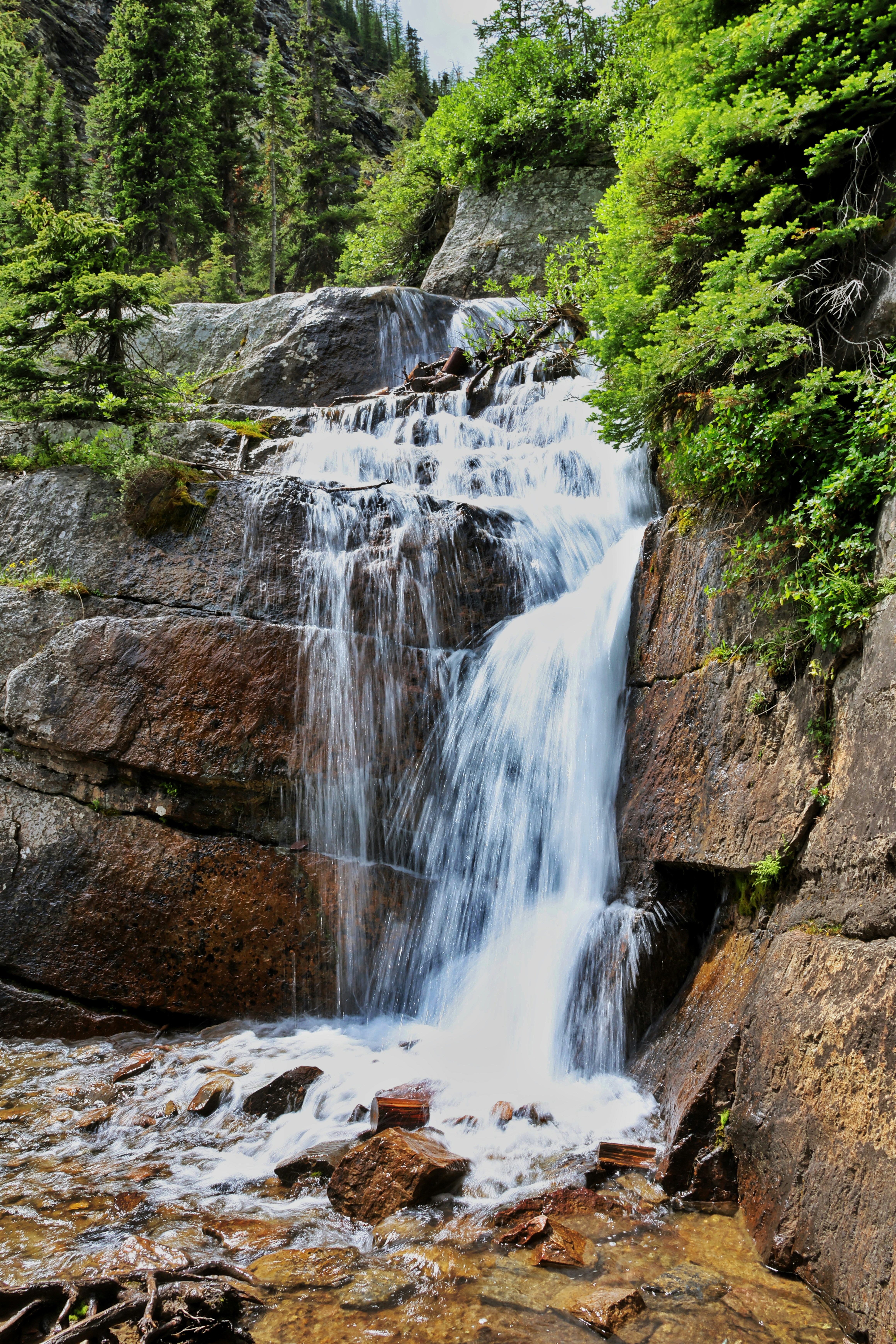 Ein Bergfall, der über Felsen zwischen üppig grünen Bäumen fließt