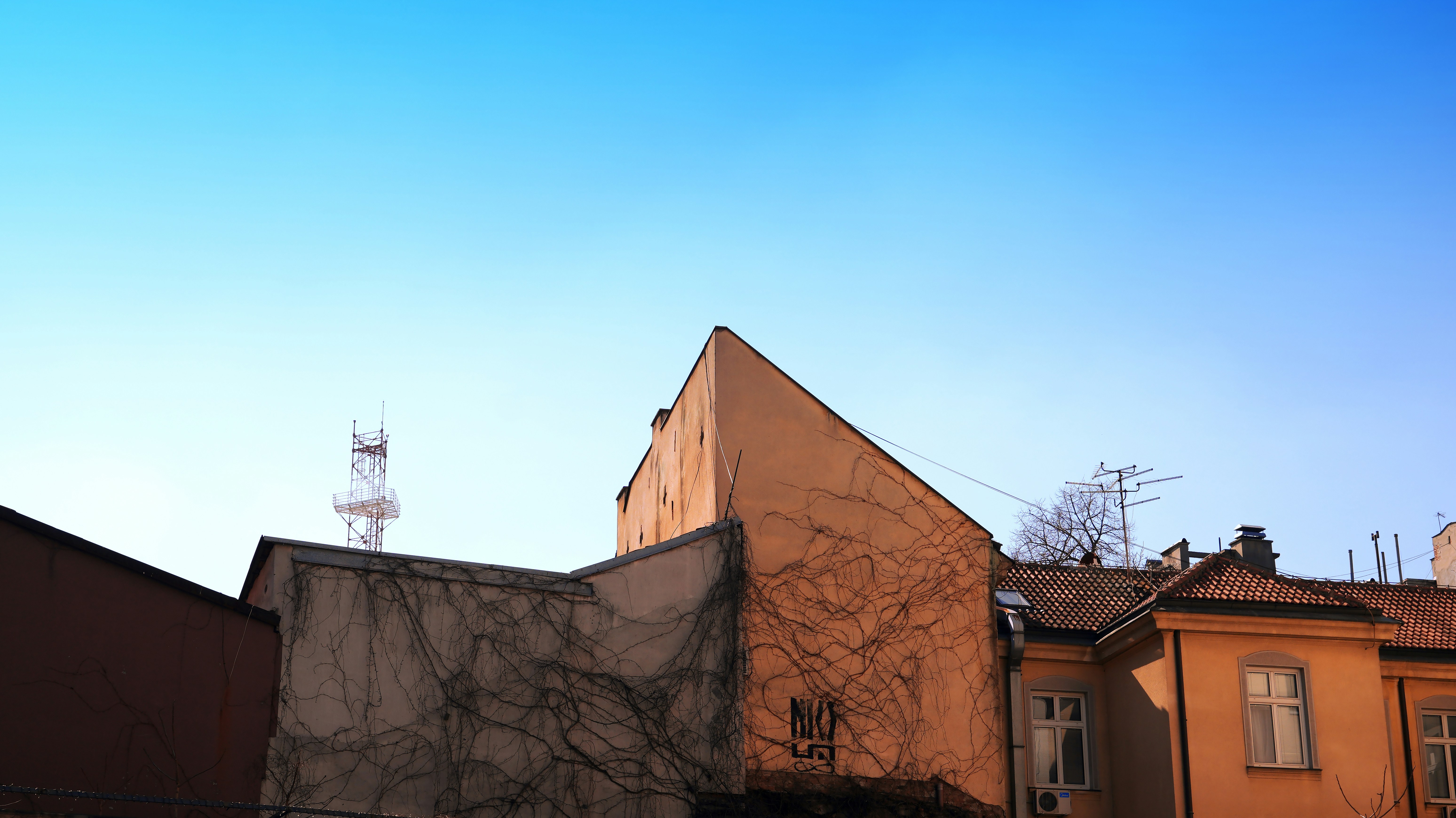 澄んだ青空を背景にした古い建物の屋根。