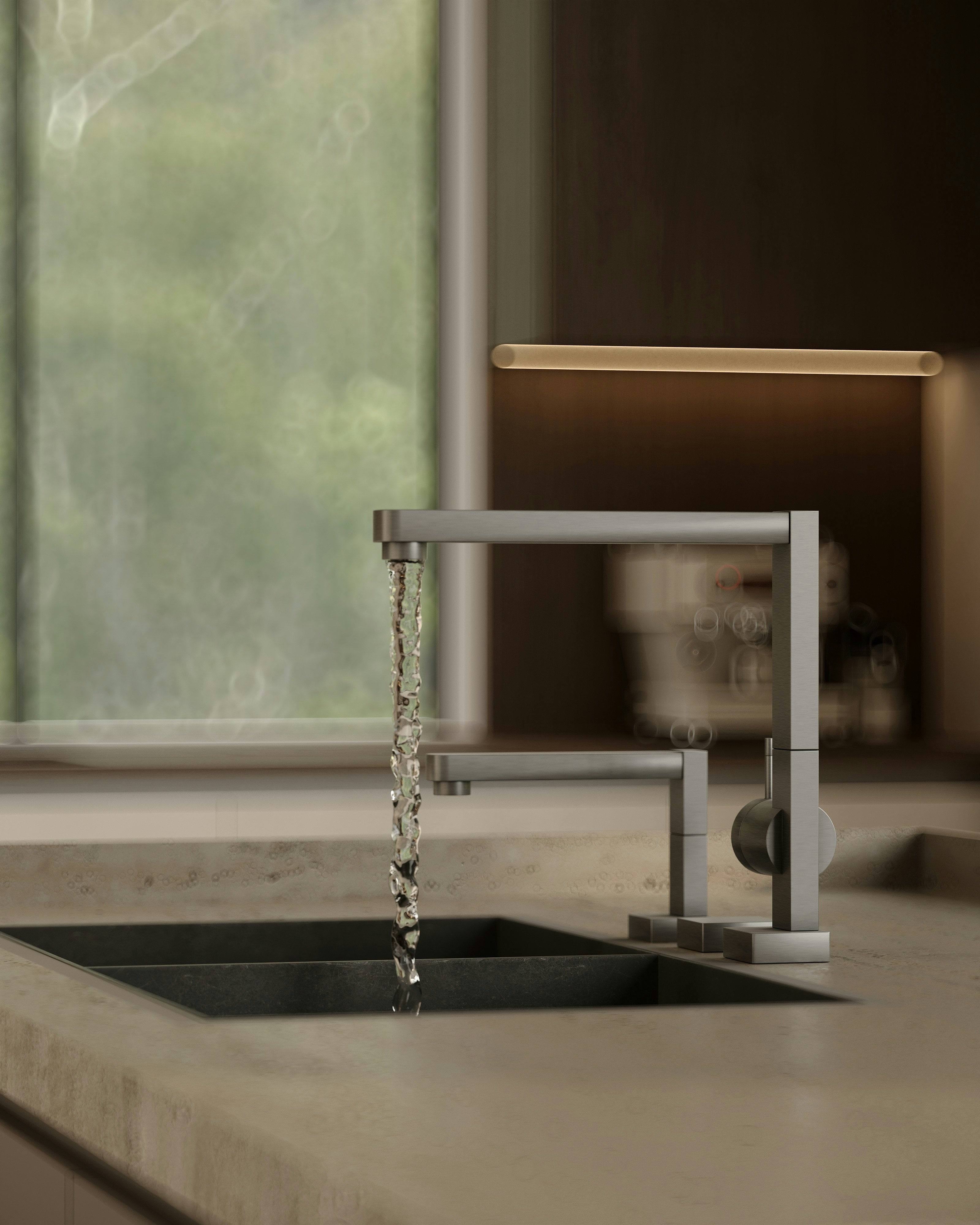 Modern kitchen faucet with water flowing into a double sink.