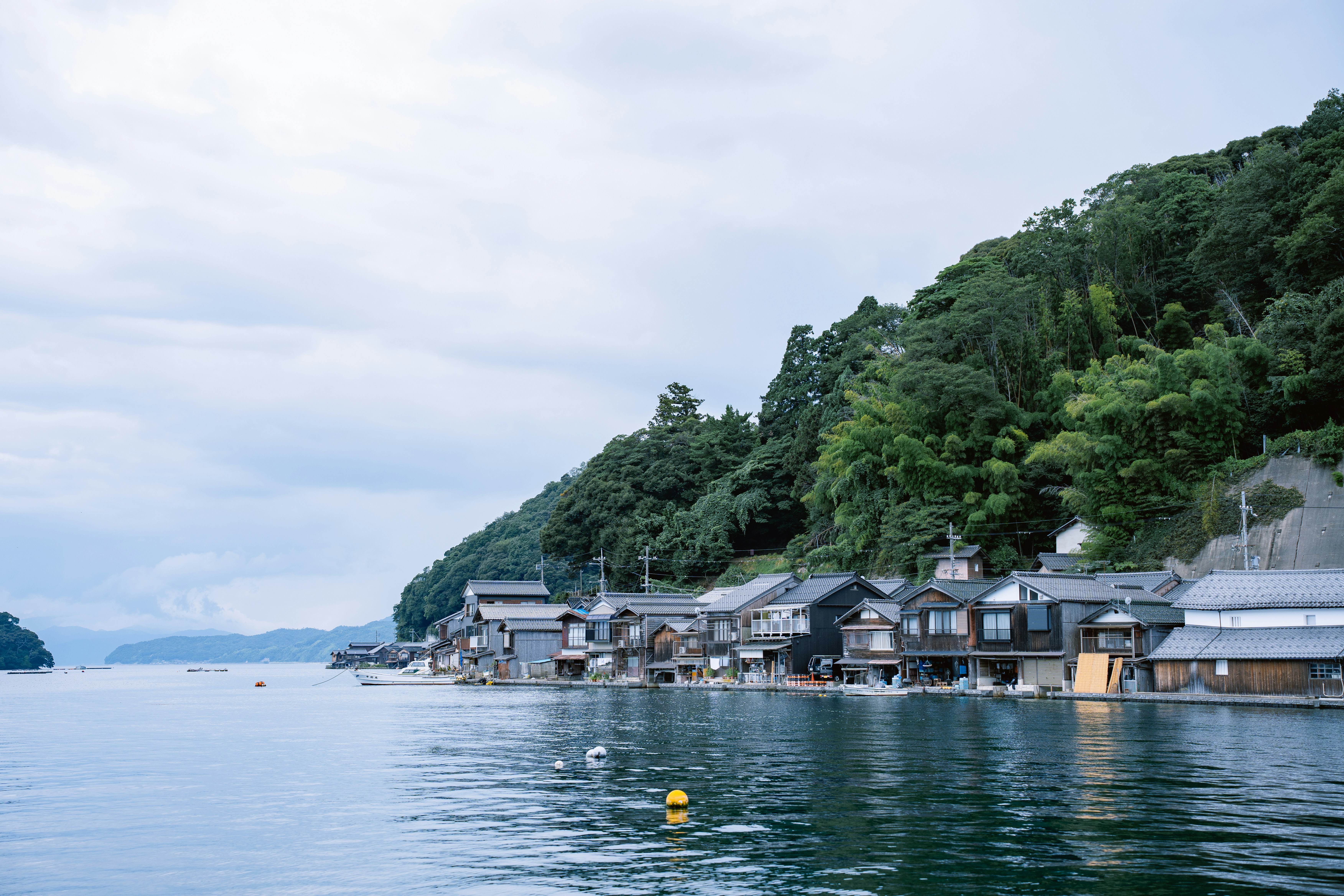 Traditional houses line a calm waterfront beneath a green hill