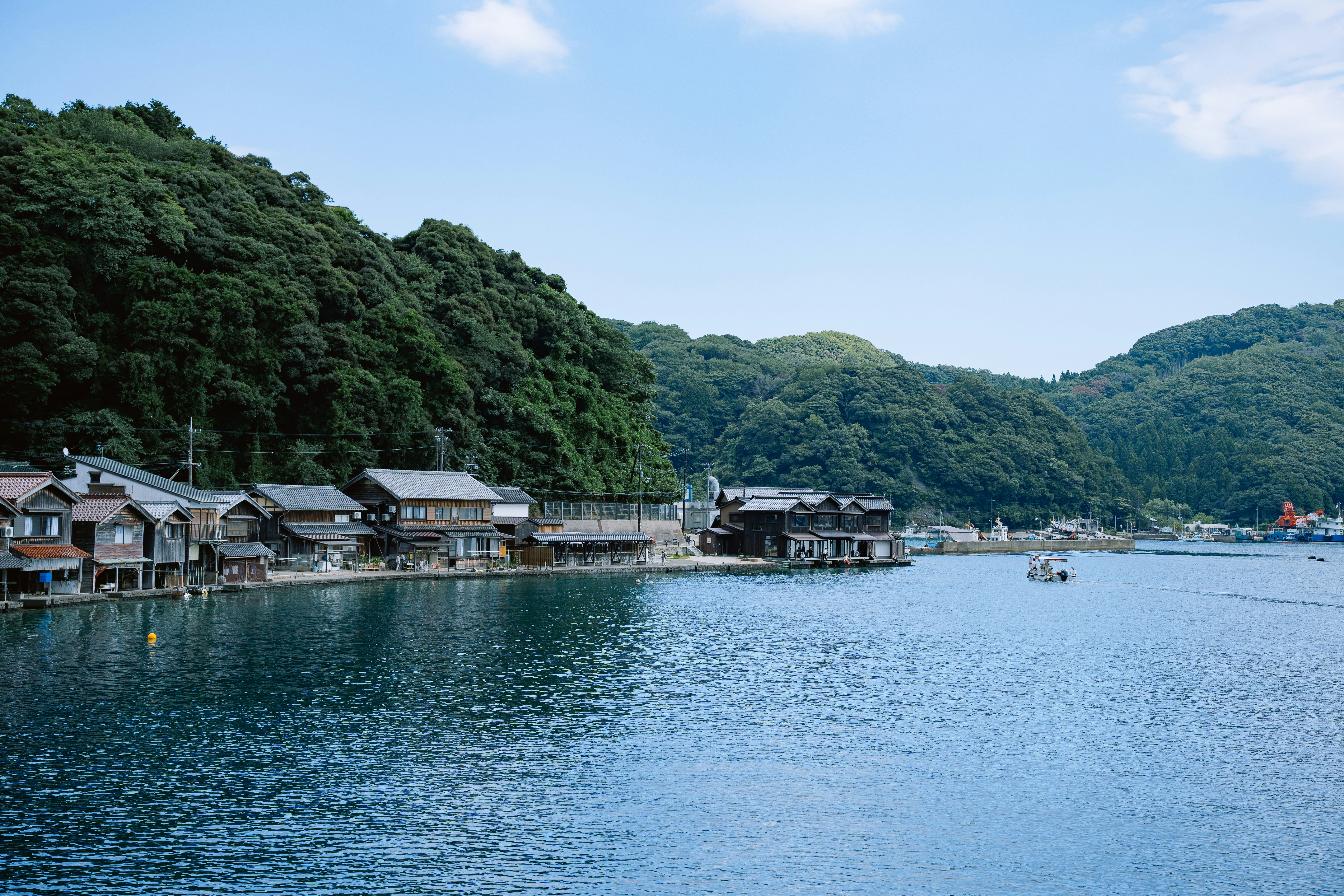 Traditional japanese buildings line a bay with green hills