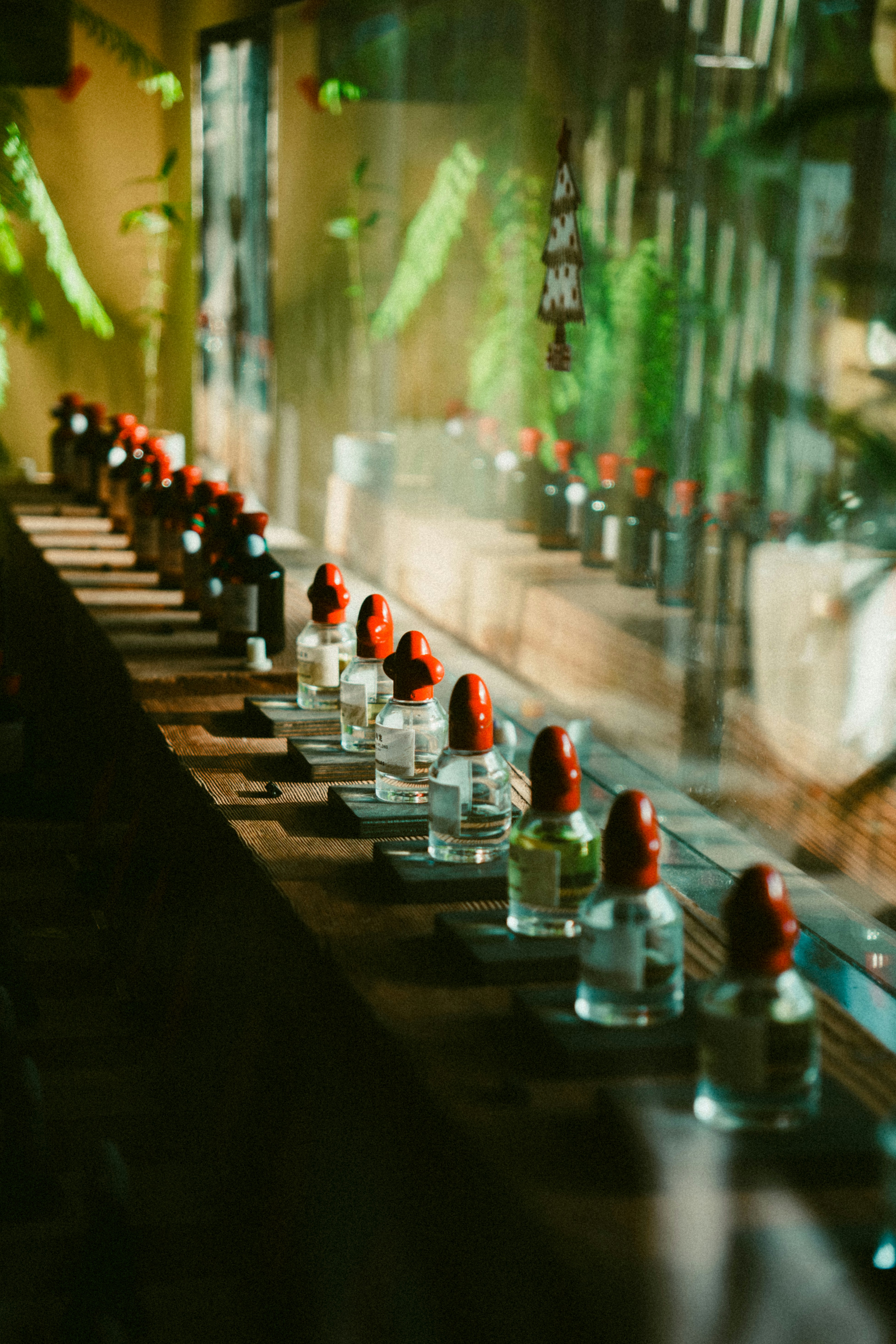 Small bottles with red caps on a sunlit wooden shelf.