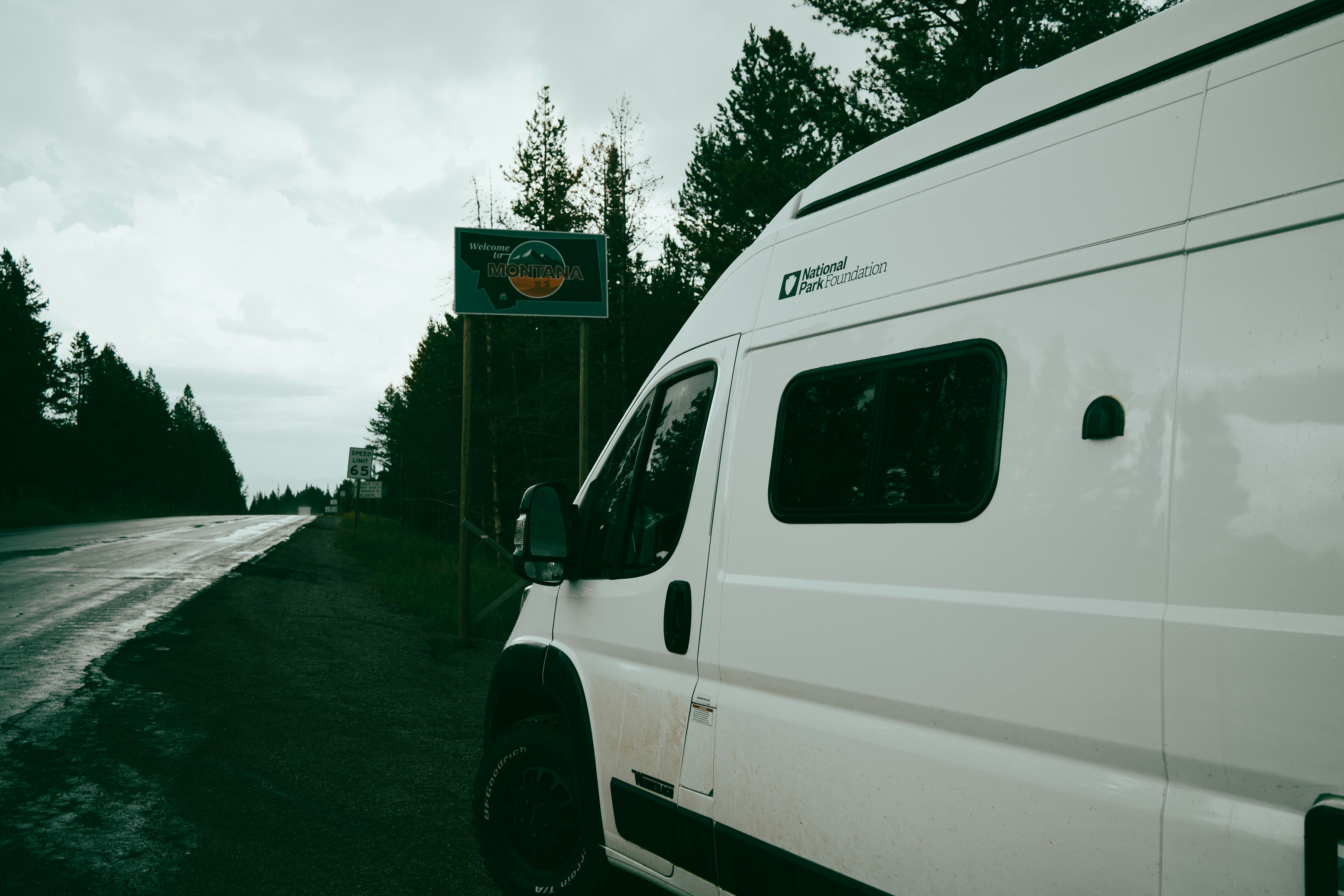The warm, glowing interior of the camper van visible through open doors, contrasted against the dark, dense forest night.