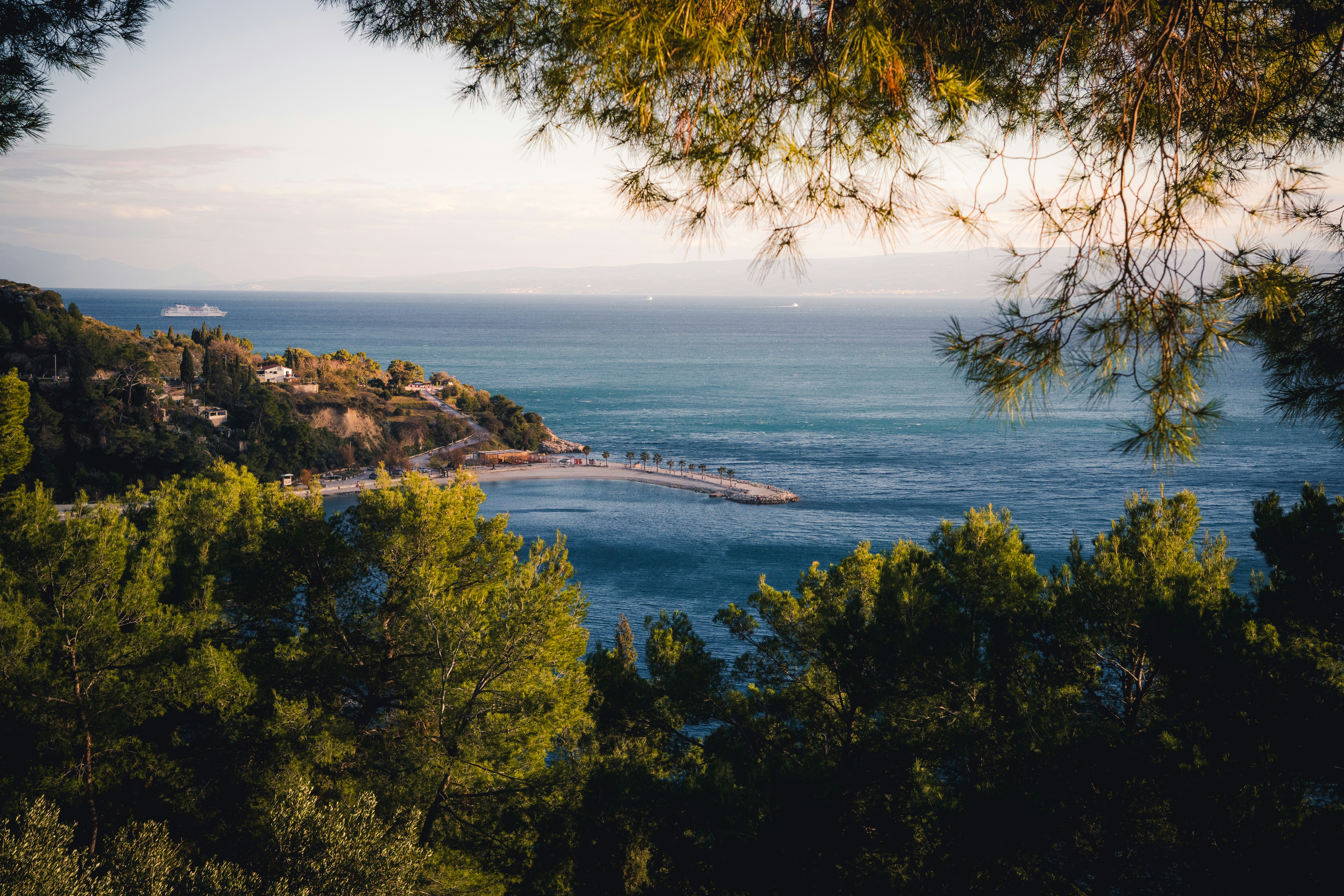 Split, croatia coastline framed by green trees