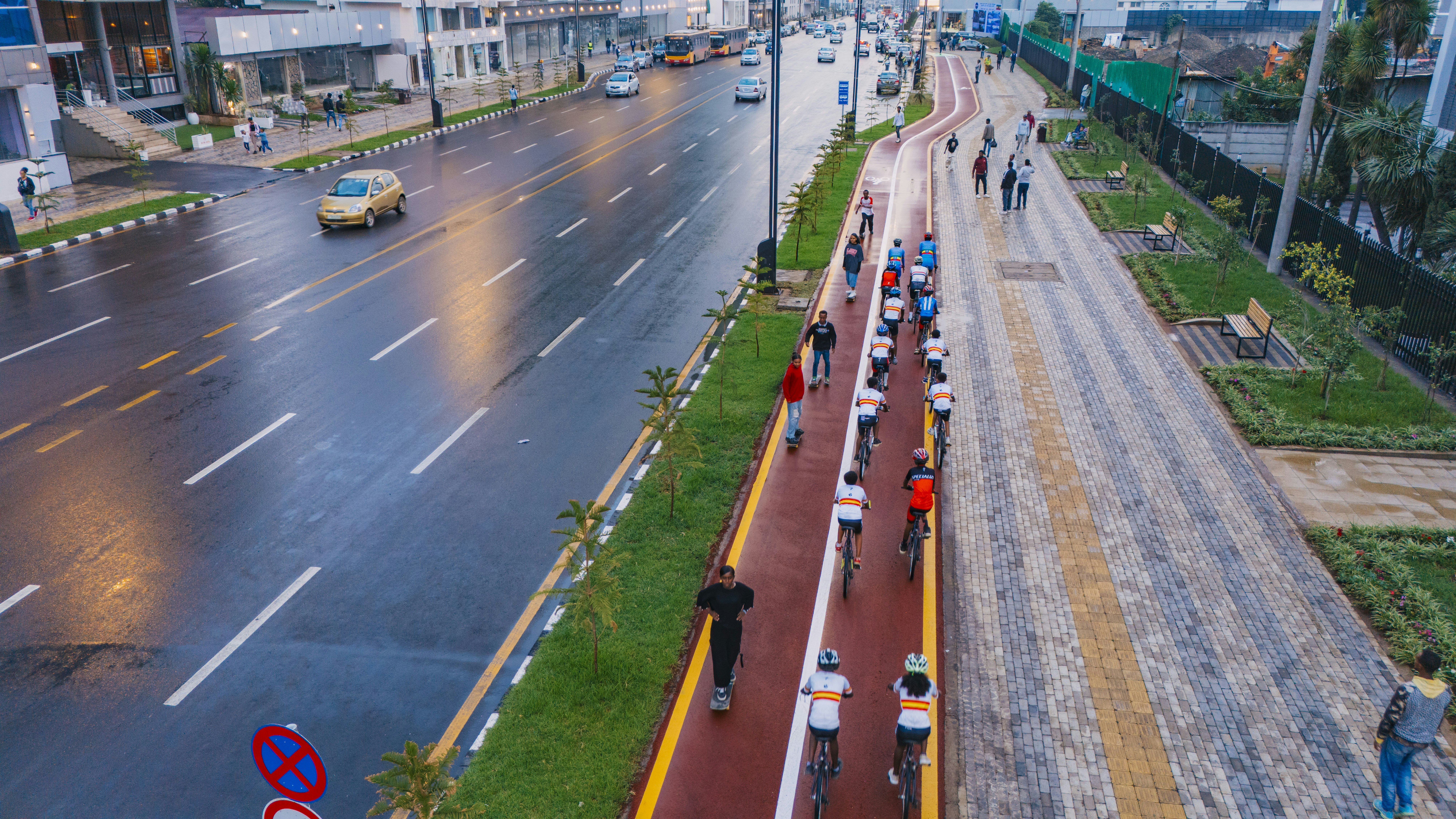 Separated bike lane running alongside a city road