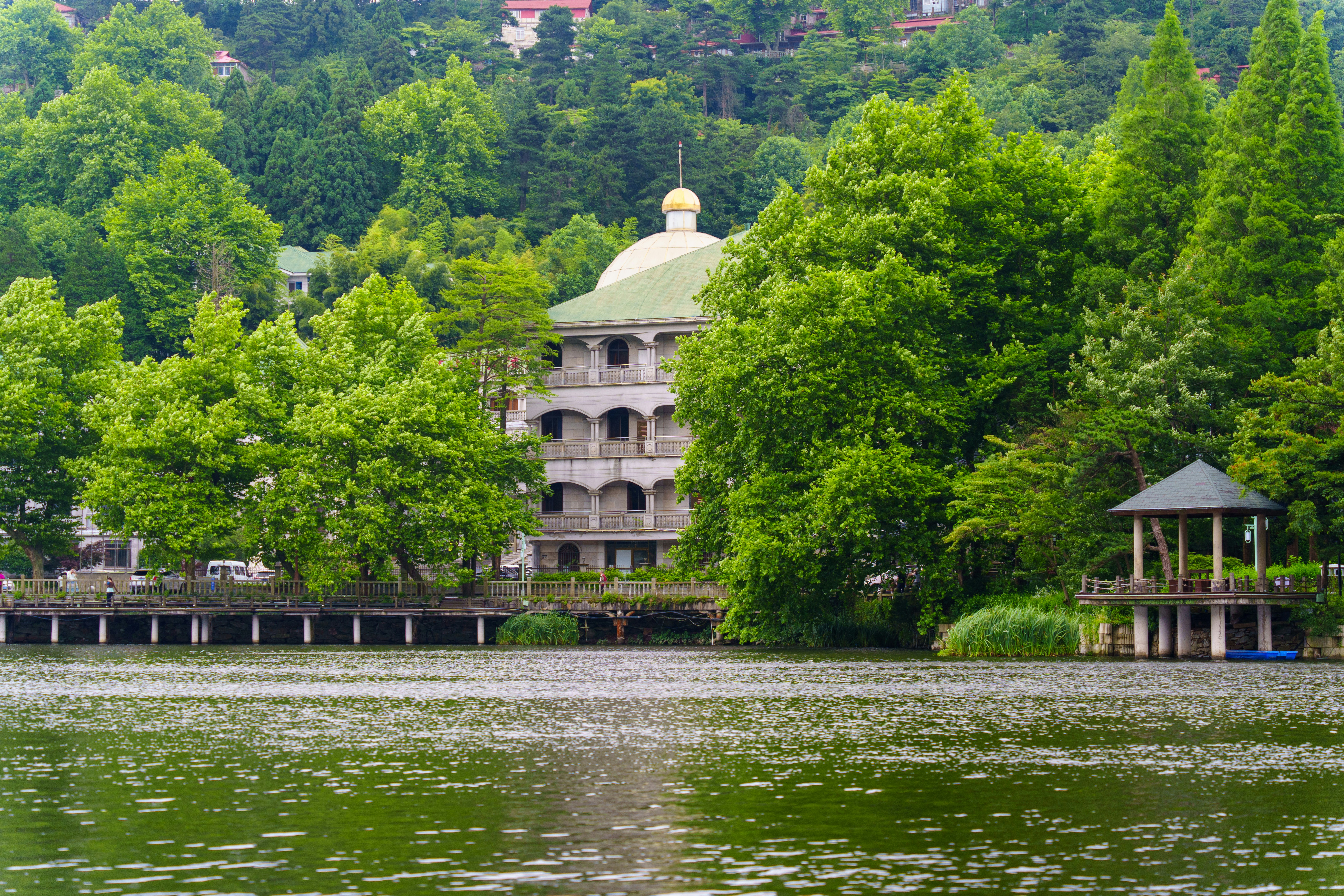 Lakeside building with golden dome surrounded by lush green trees