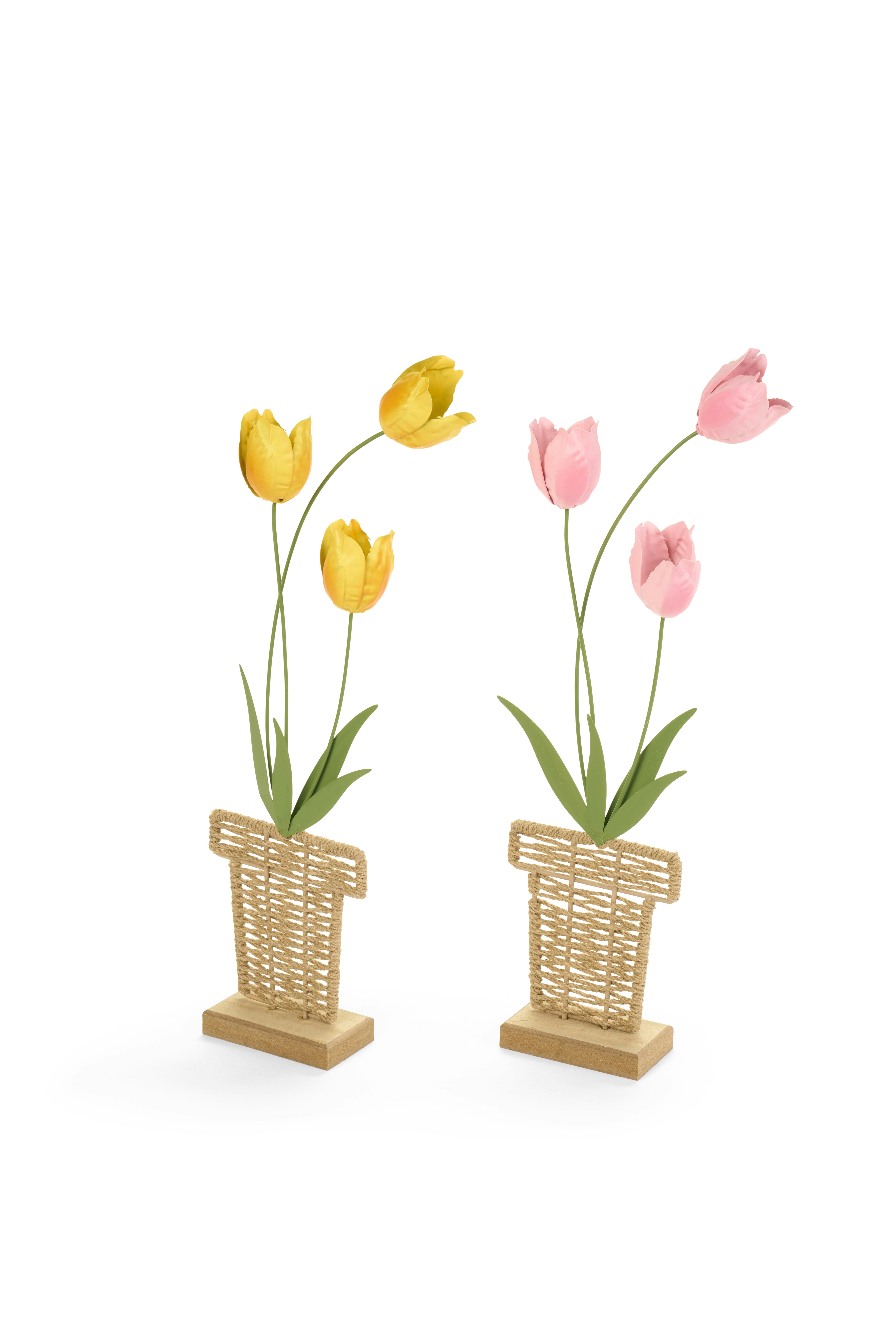 Decorative yellow and pink tulips in woven stands