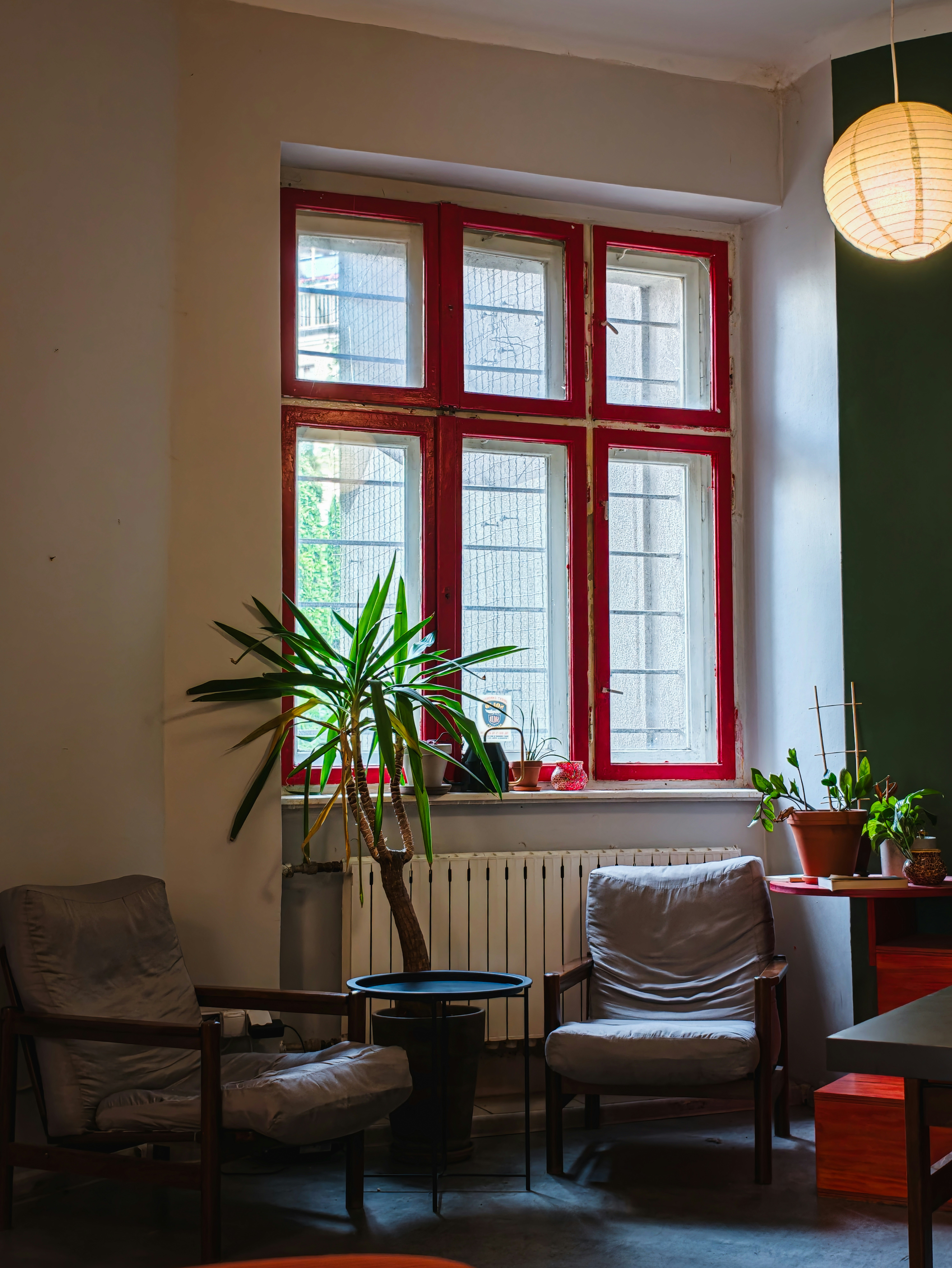 Cozy room with red-framed window, armchairs, and a plant.