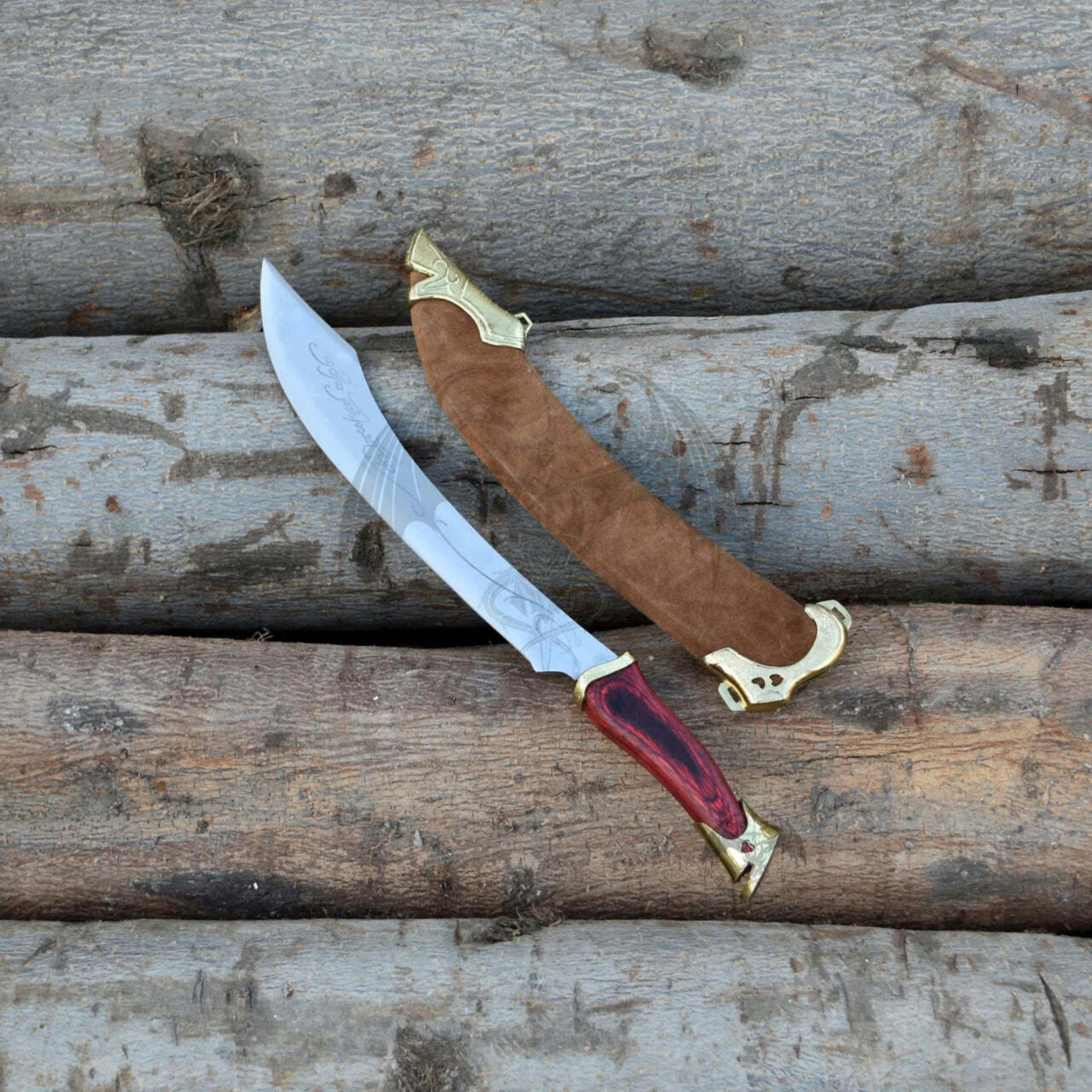 Ornate curved sword and brown sheath on rustic wooden logs