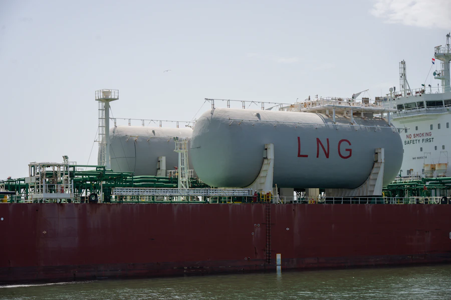 LNG storage tanks on the deck of a gas carrier vessel in port