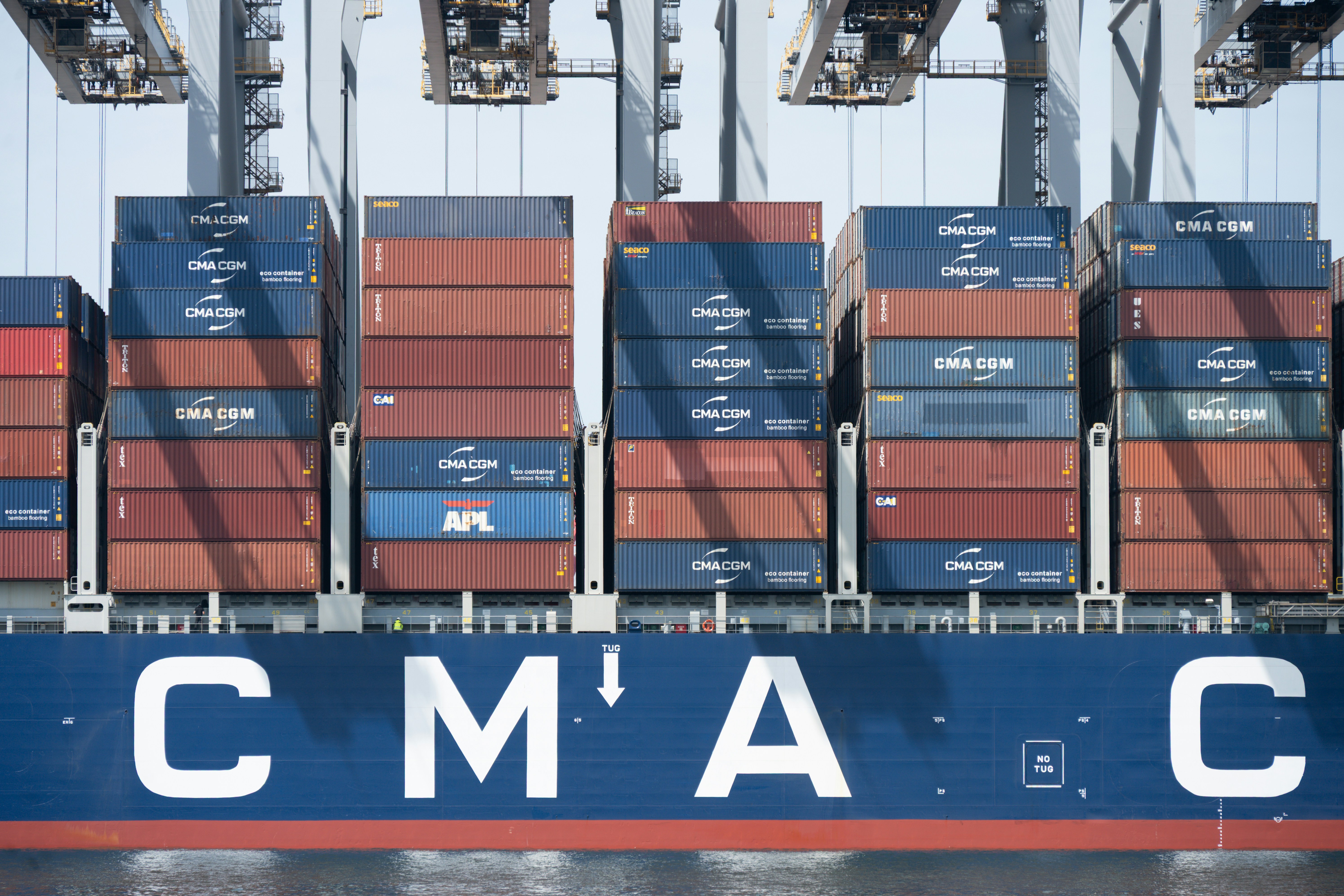 Cma cgm cargo ship loaded with many shipping containers