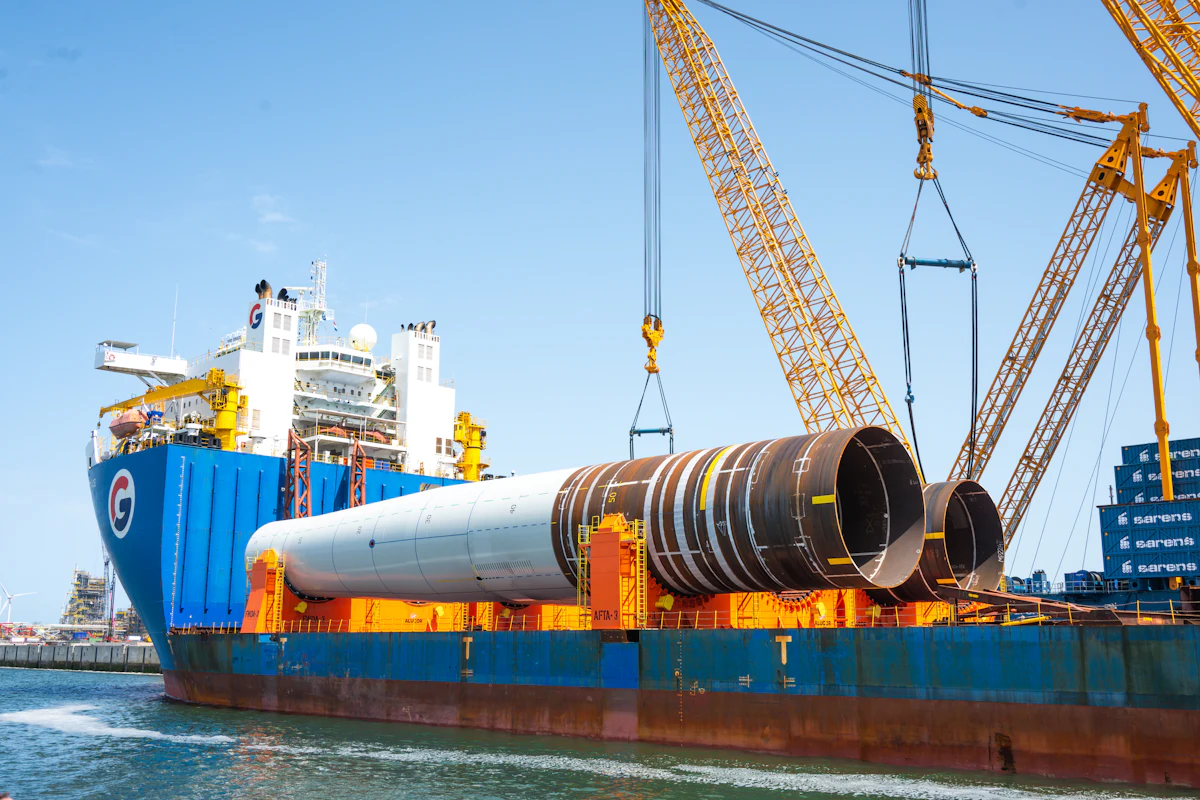 Cranes loading wind turbine sections onto a heavy-lift ship