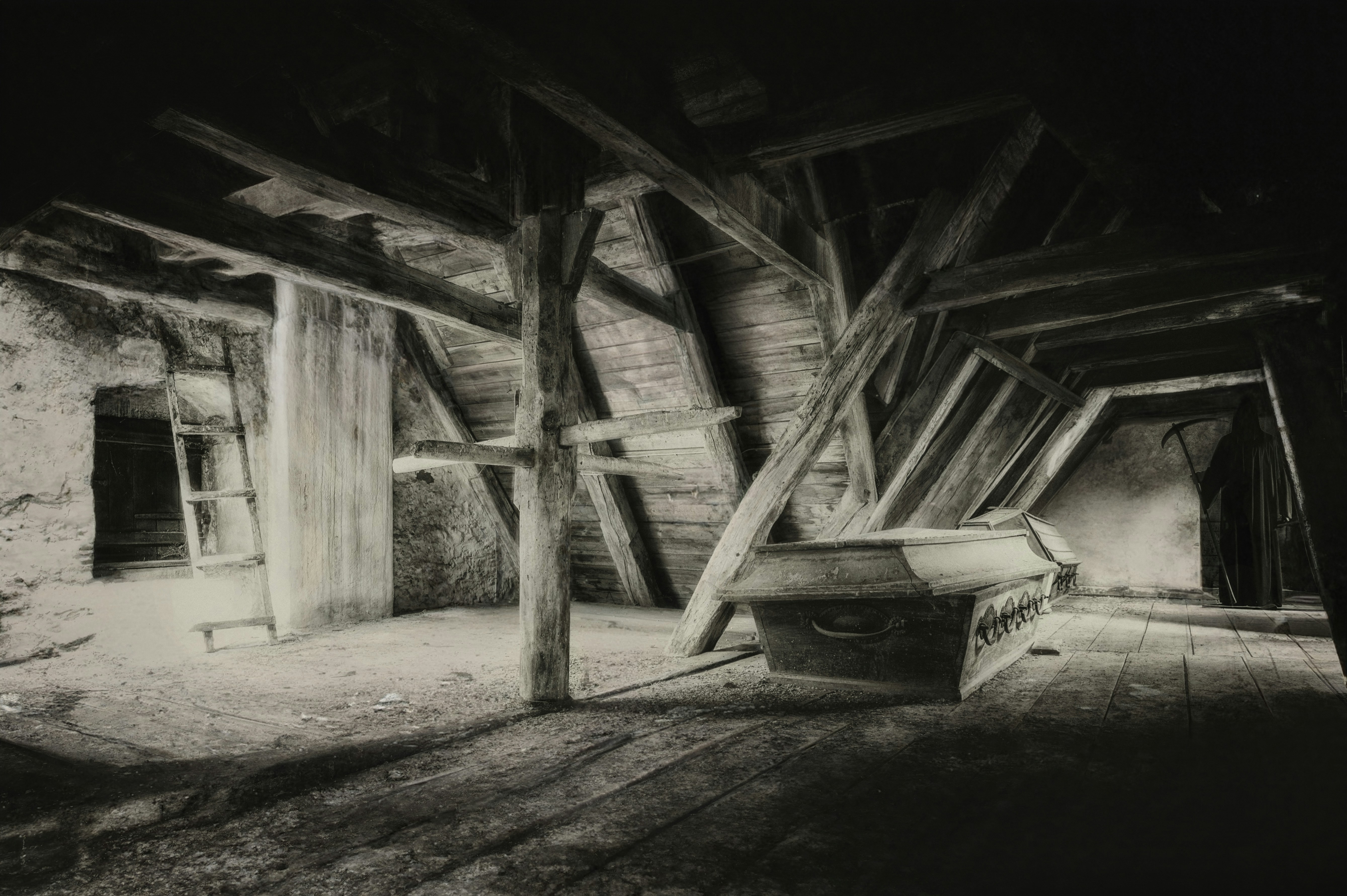 Dark, dusty attic with wooden beams and an old trunk