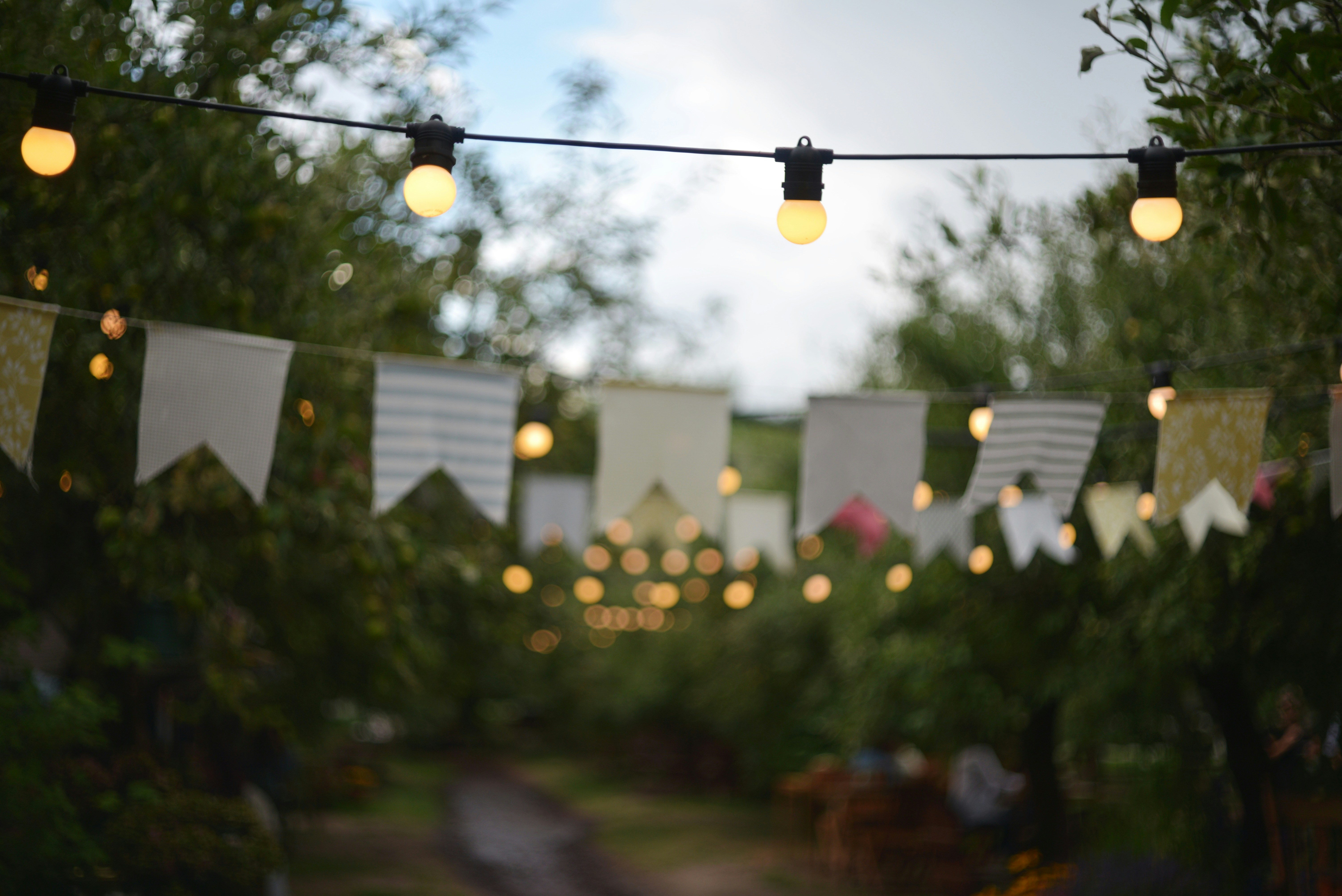 String lights and bunting flags decorate an outdoor party setting