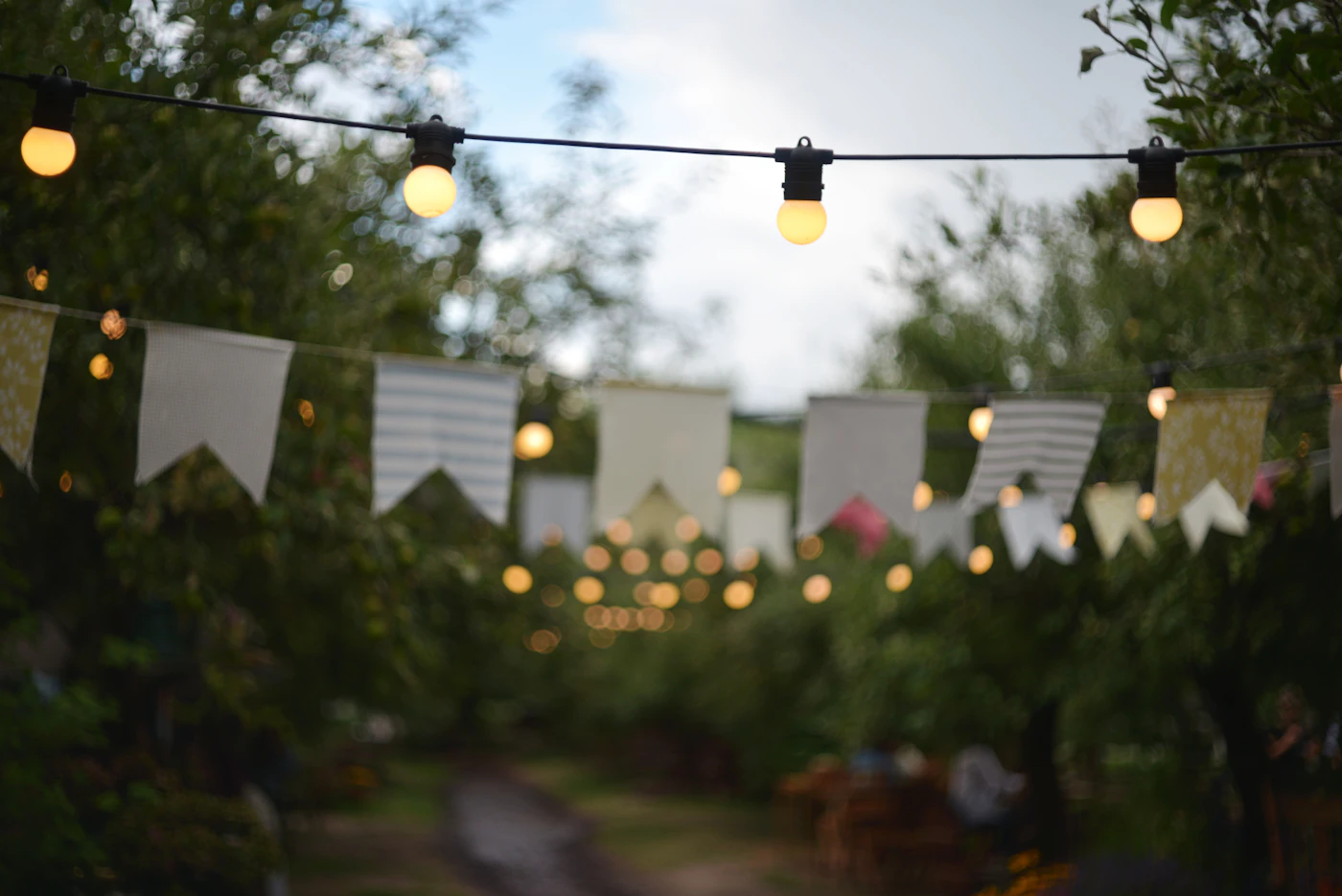 String lights and bunting flags over an outdoor party setting