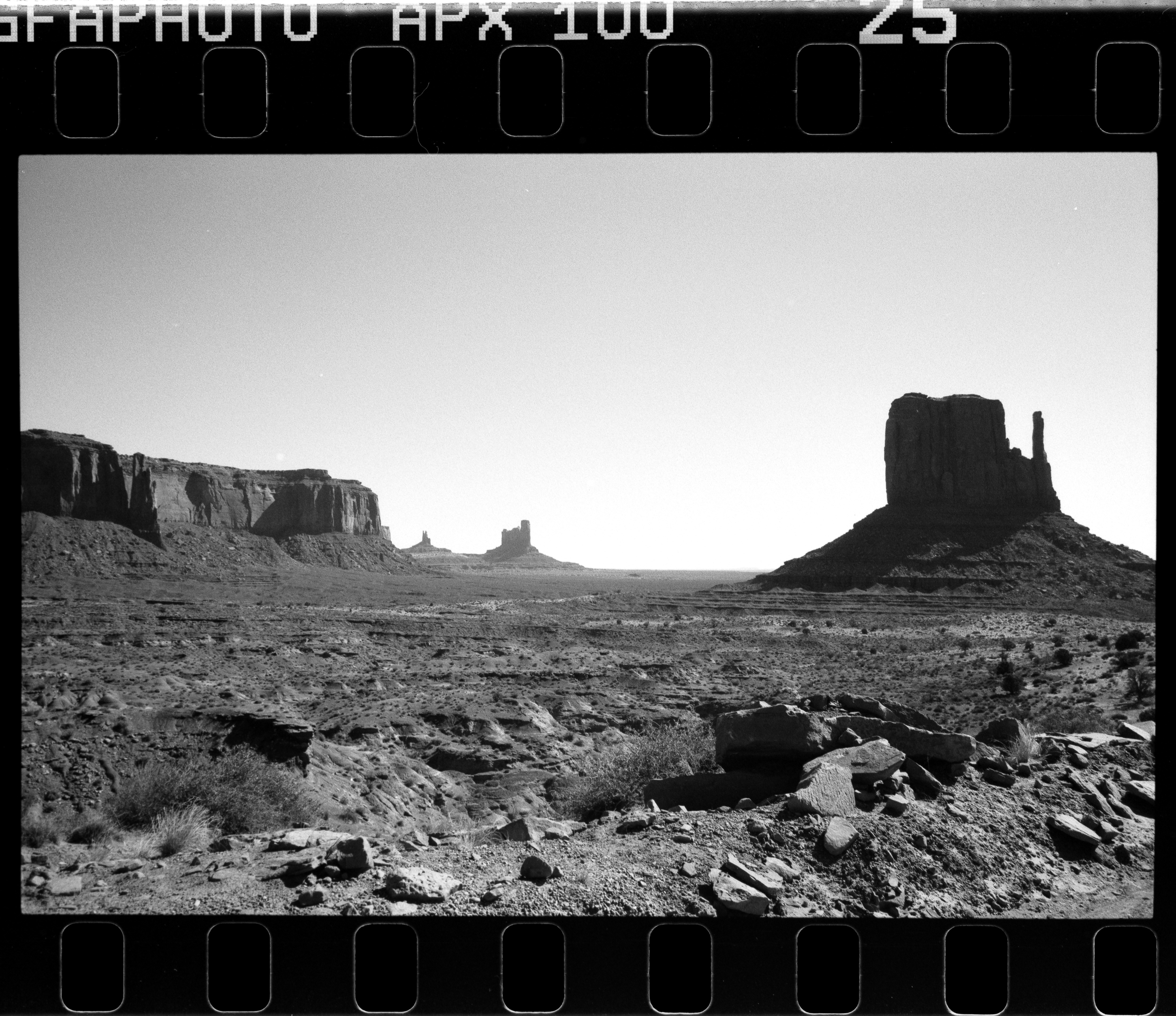 Black and white desert landscape with iconic rock formations