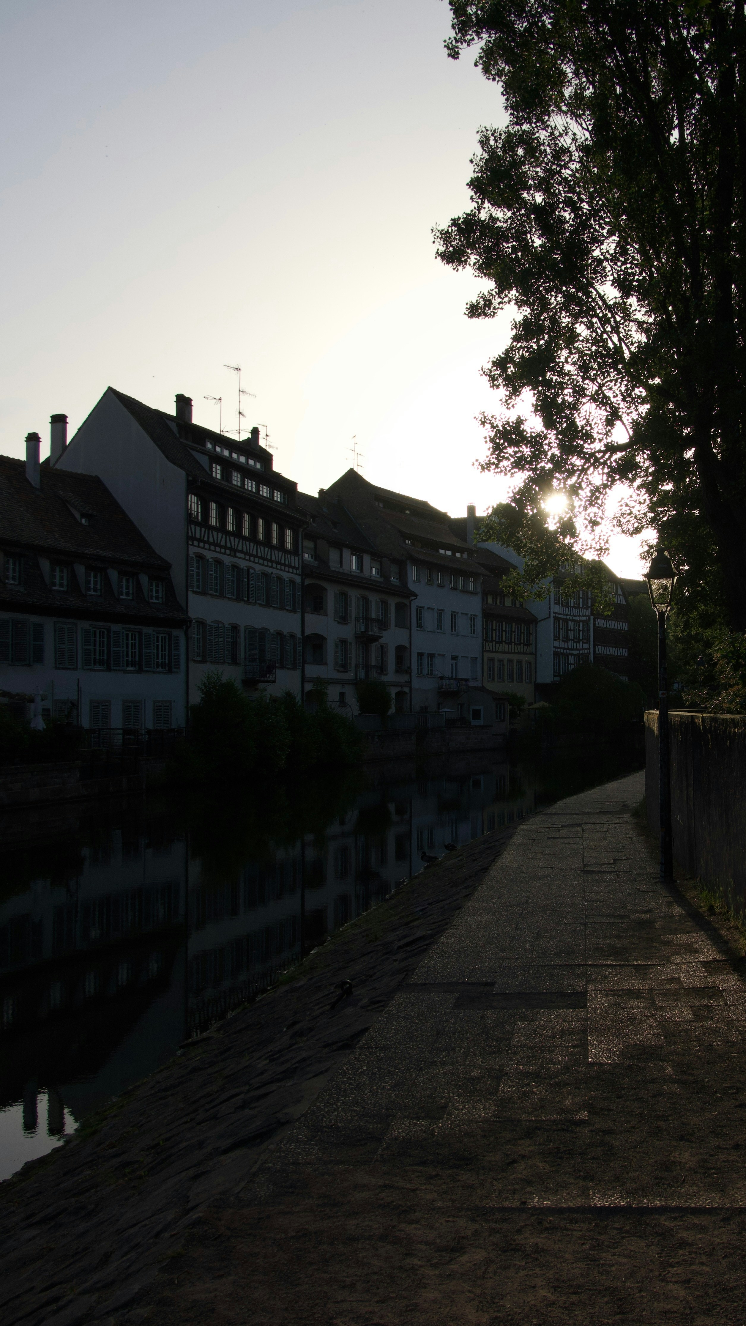 Silhouetted buildings and trees along a river at sunset