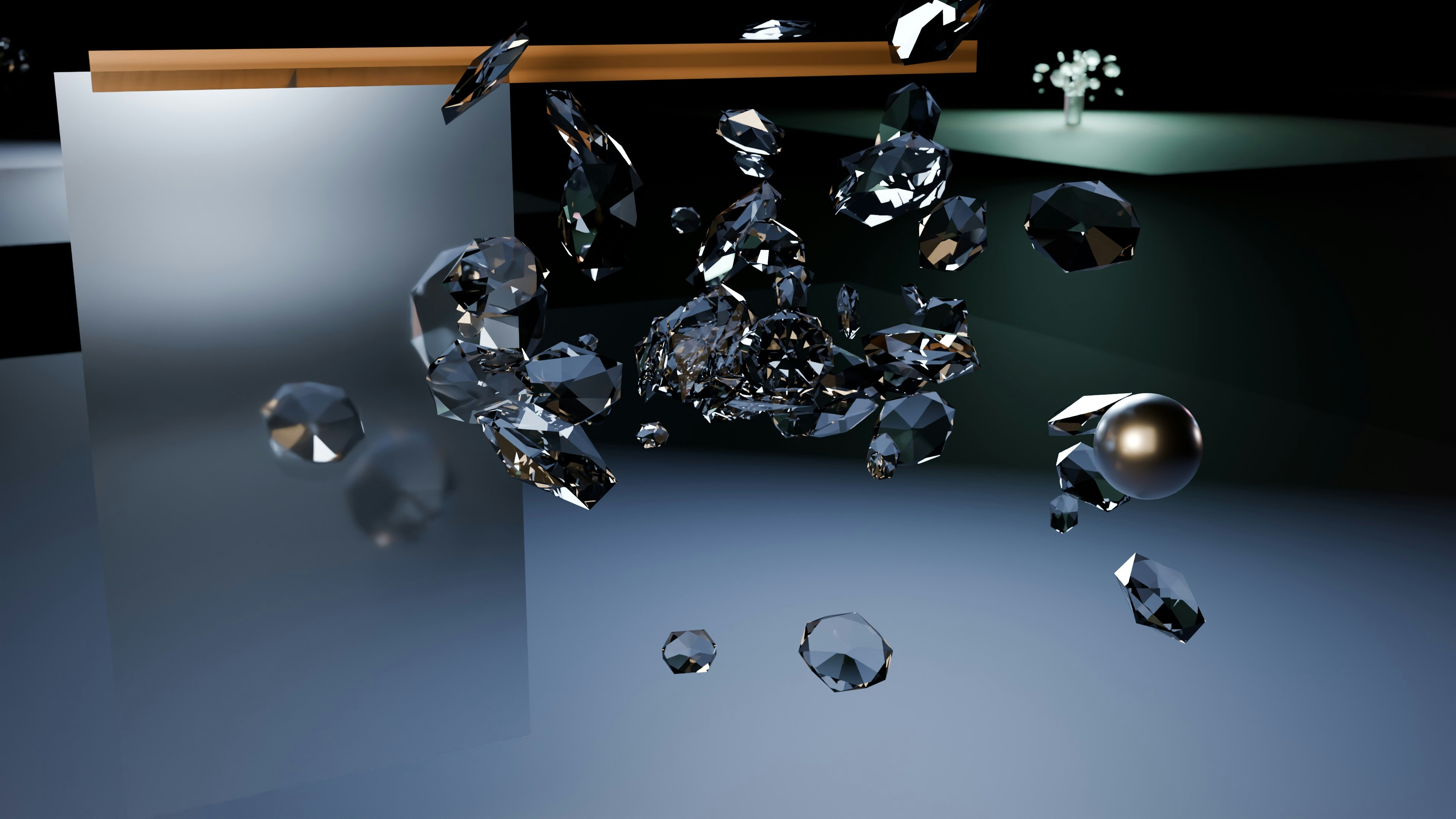 Exploding crystal shards against a minimalist dark blue background