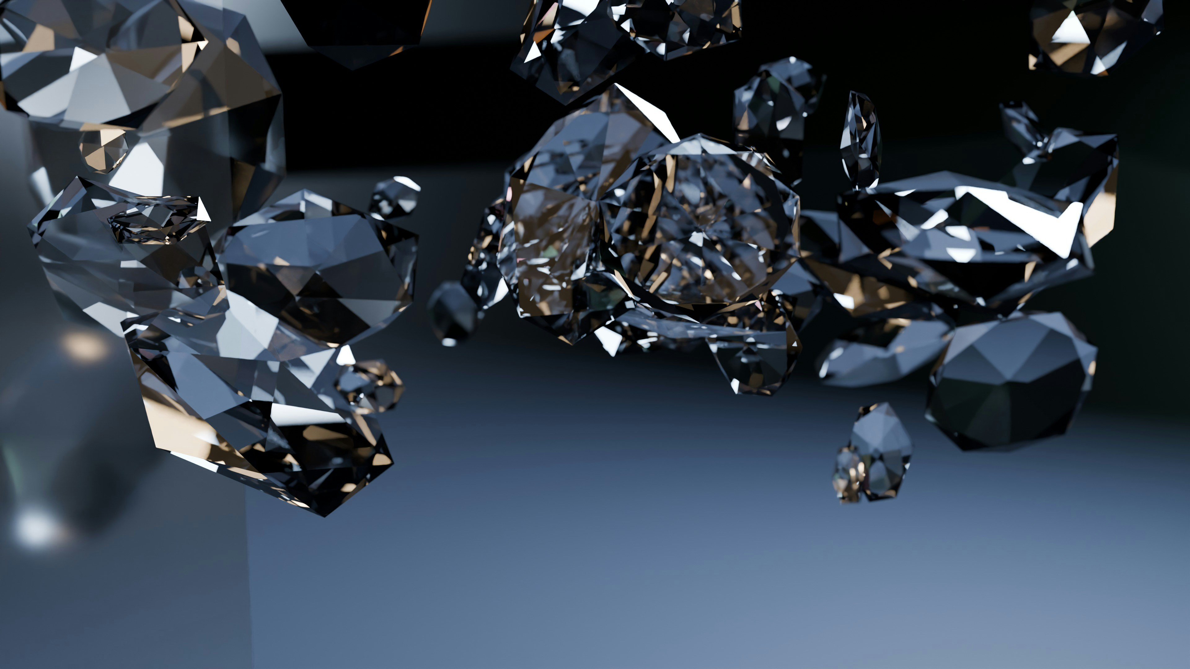 Numerous dark, faceted diamonds against a reflective background