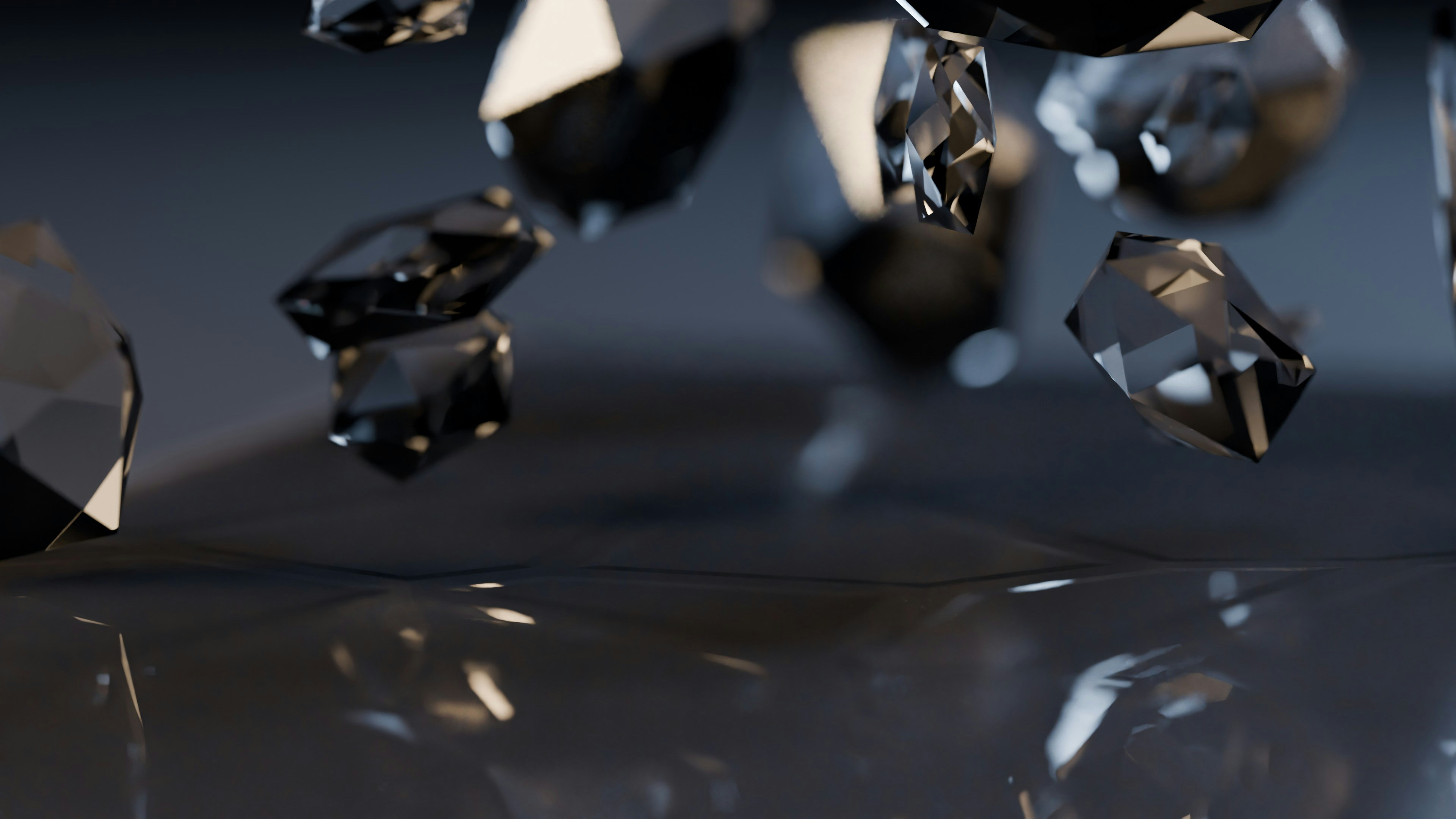 Dark faceted crystals falling onto a reflective surface