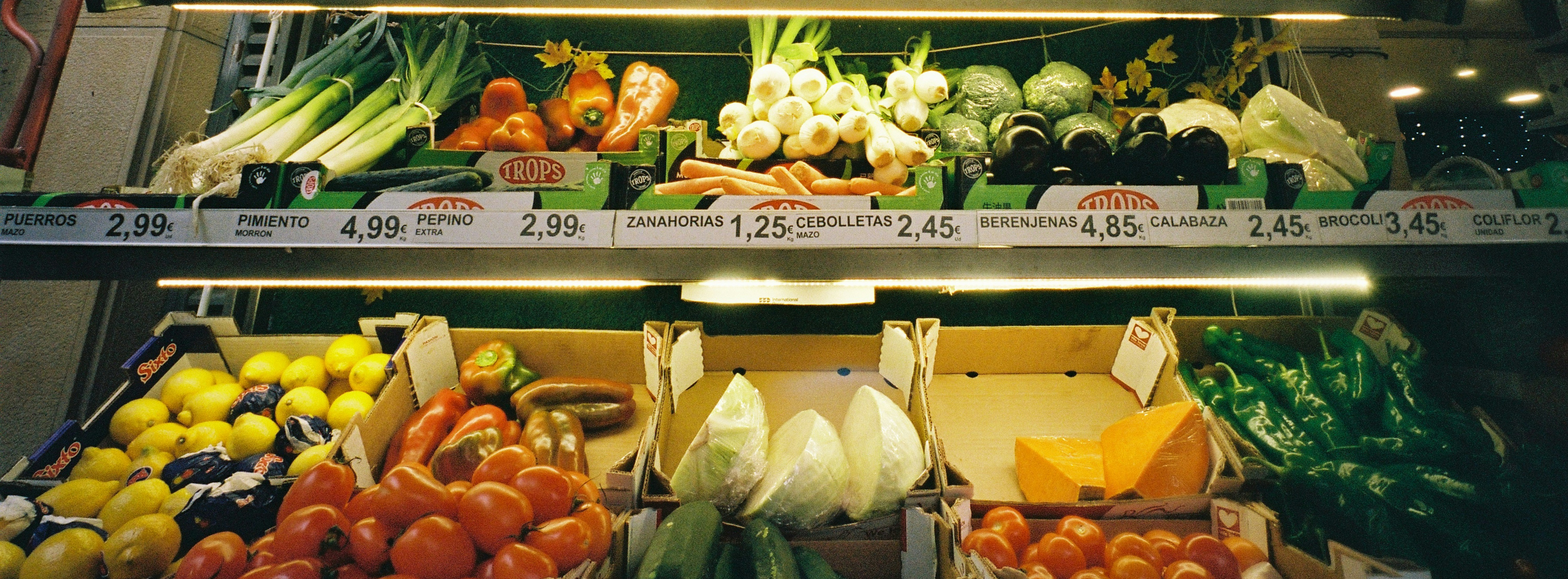 A person standing in a bright kitchen holding a phone, checking a digital grocery list while a reusable shopping bag sits on the counter.