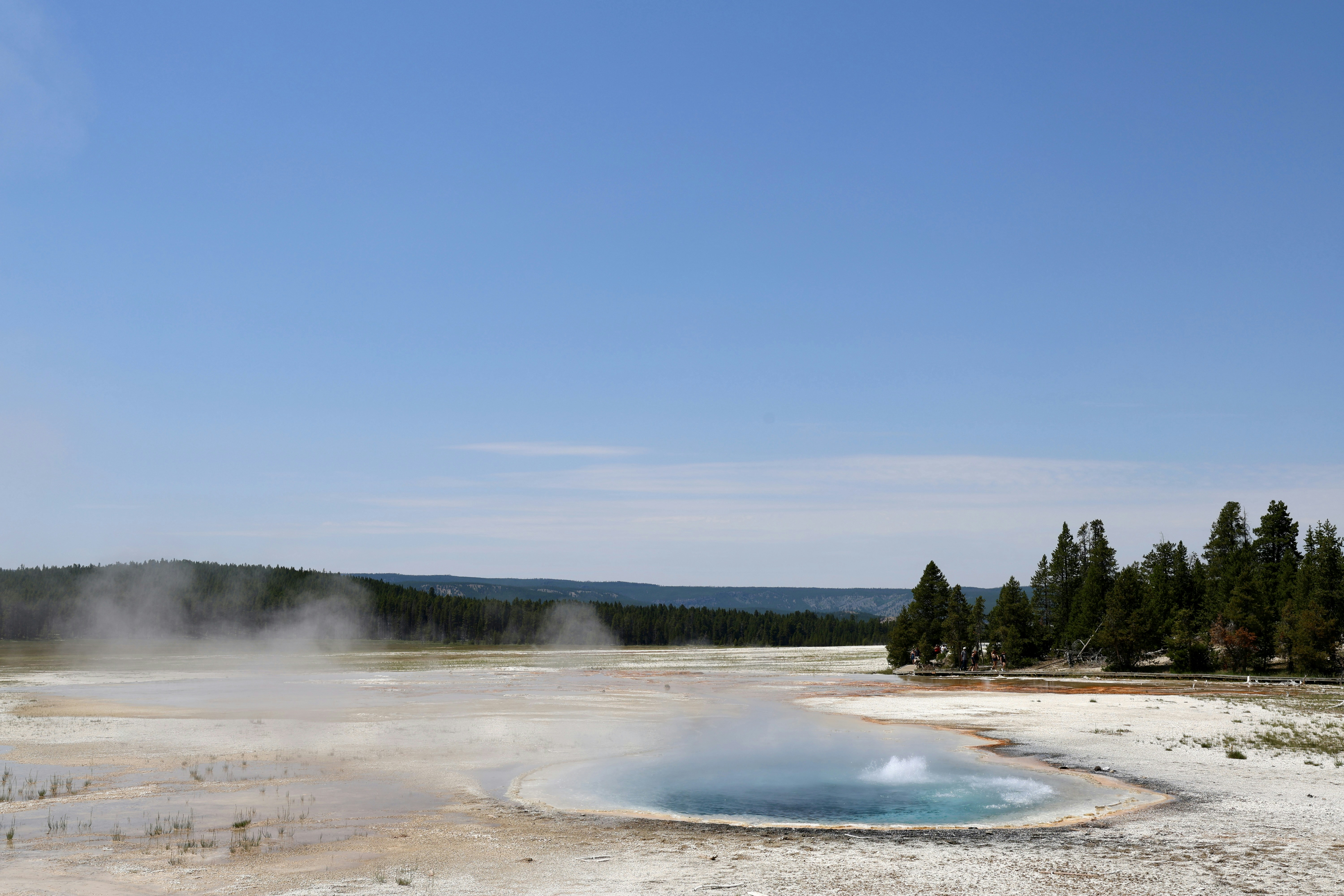 Steaming blue hot spring under clear sky with distant trees.
