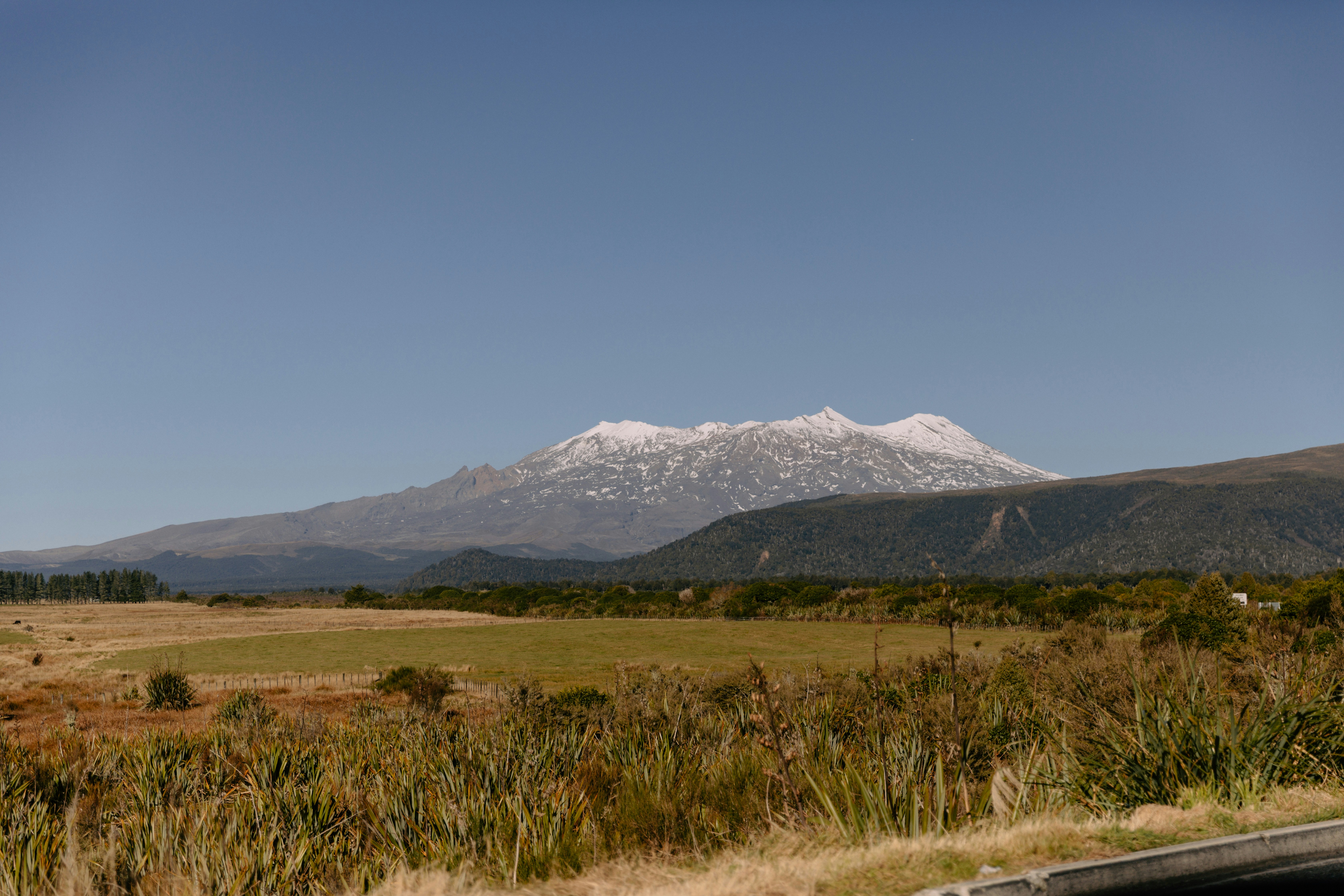 Distant snow-capped mountain overlooks vast fields under a blue sky.
