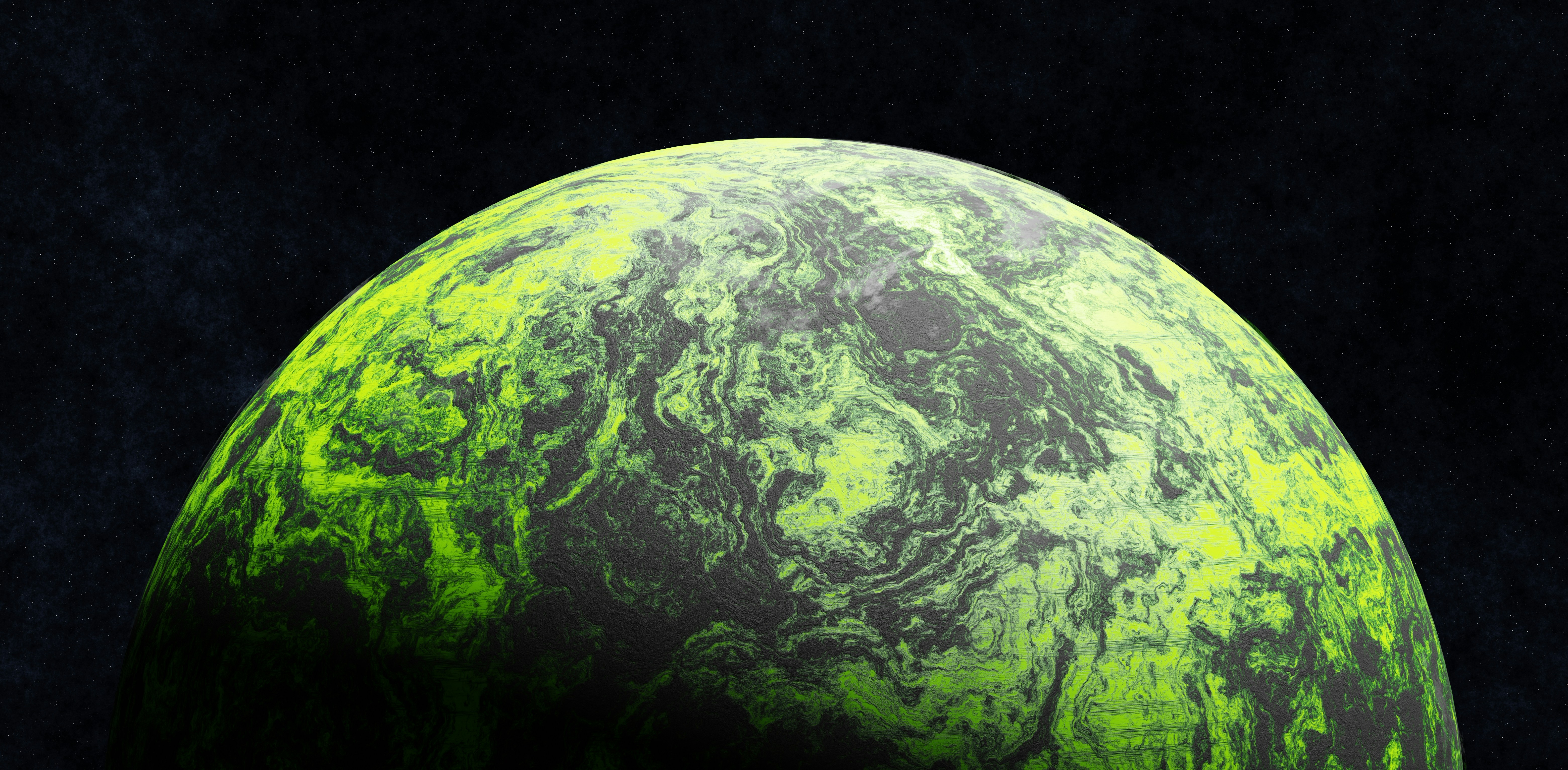 Vibrant green alien planet floating in dark outer space.