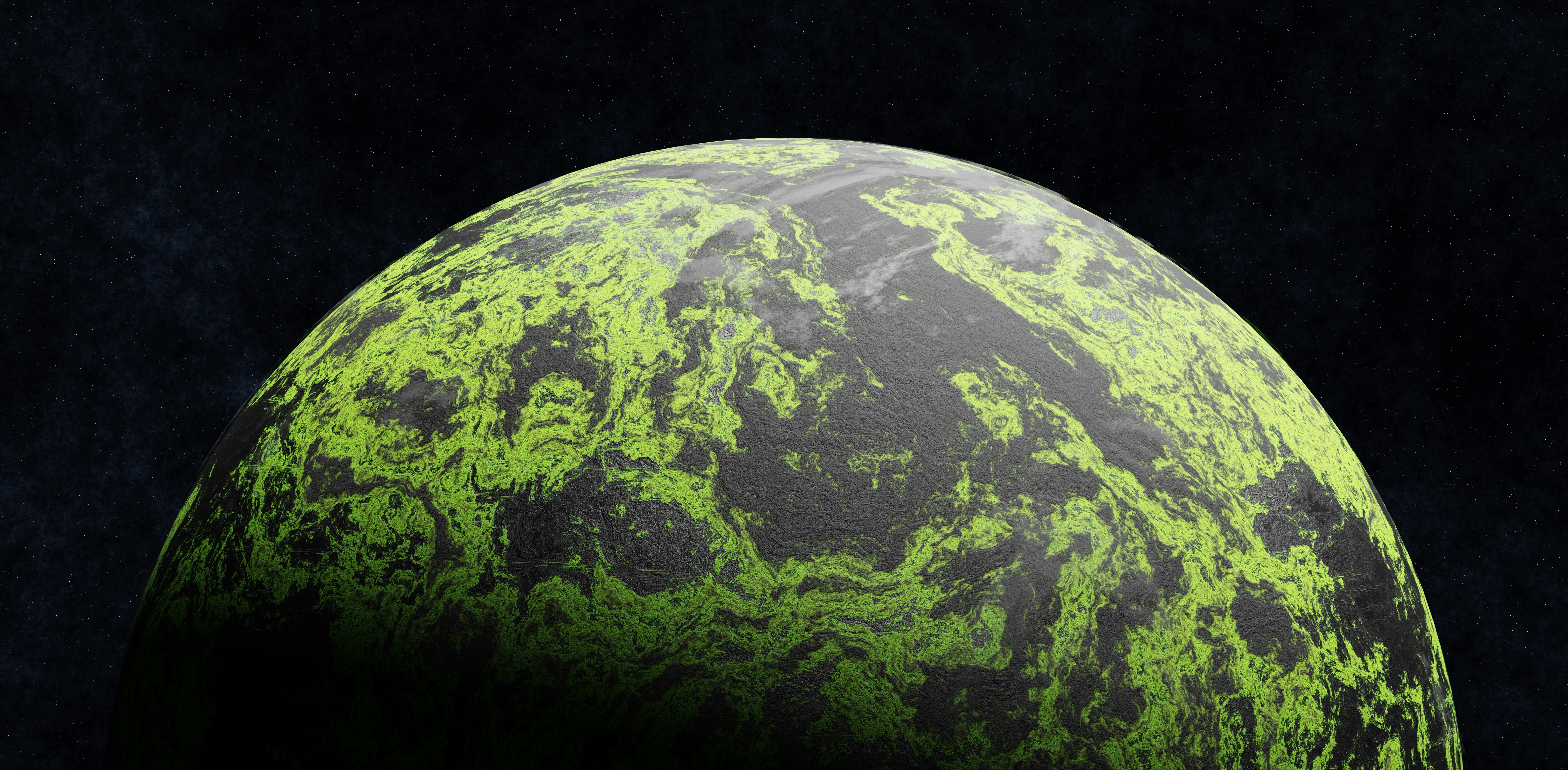 A green, moss-covered planet against a dark space background.