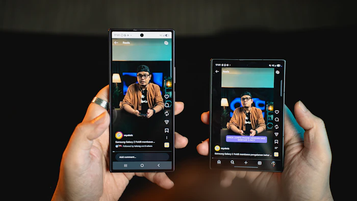 Person holding two mobile phones side by side while transferring data to a new handset