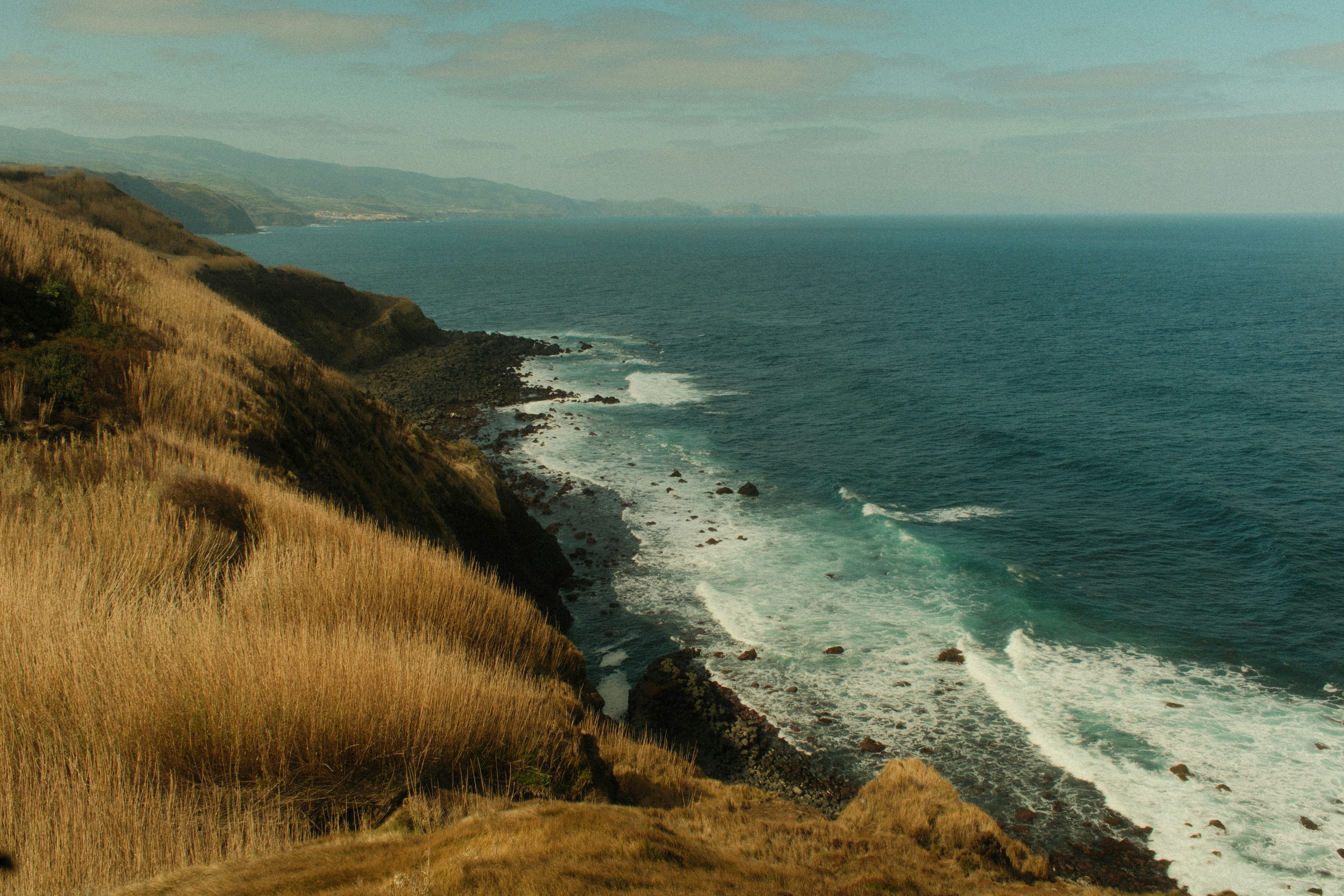 Rugged coastal landscape with dry grass and ocean waves