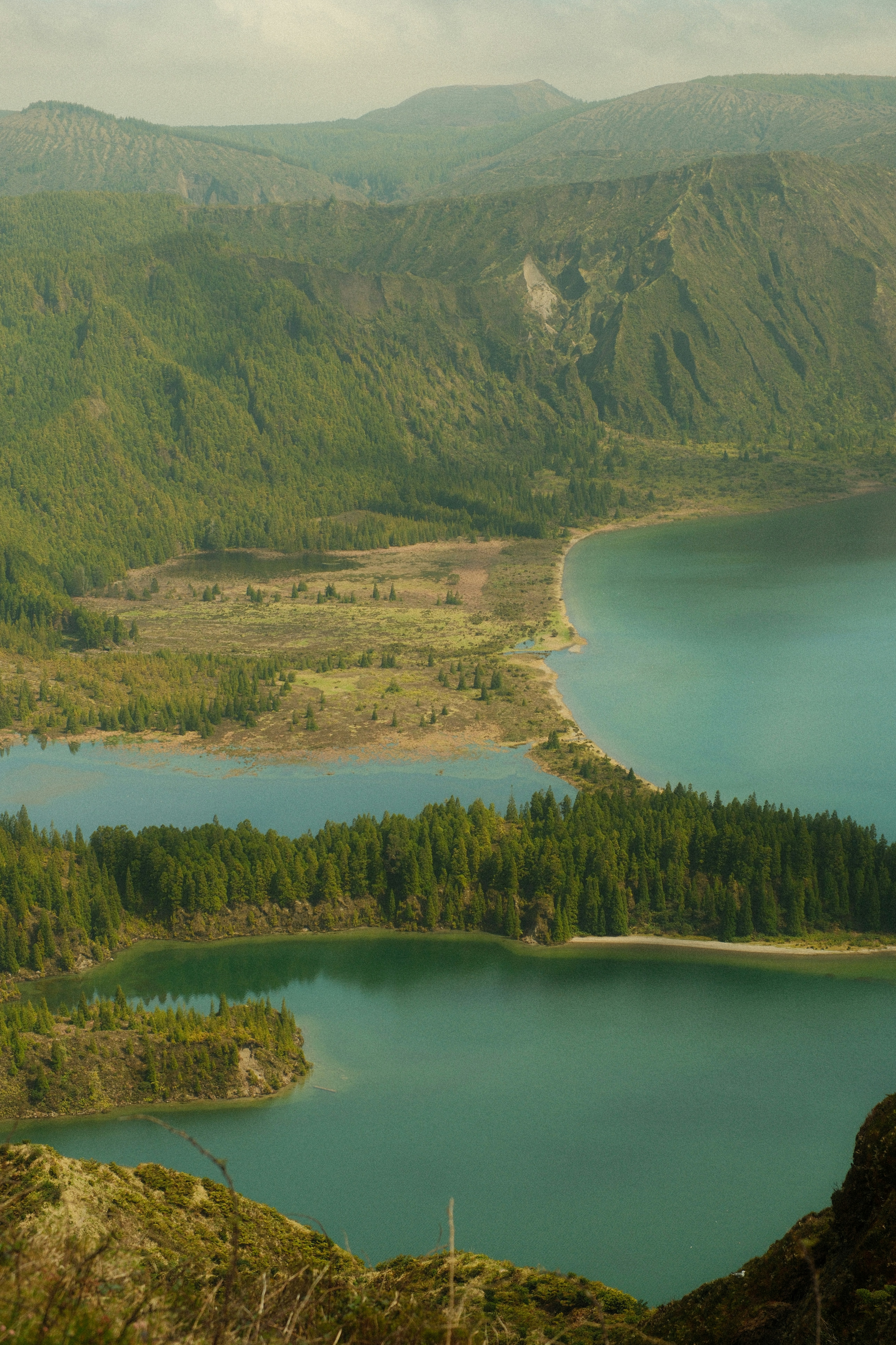 Stunning view of twin lakes nestled among green mountains