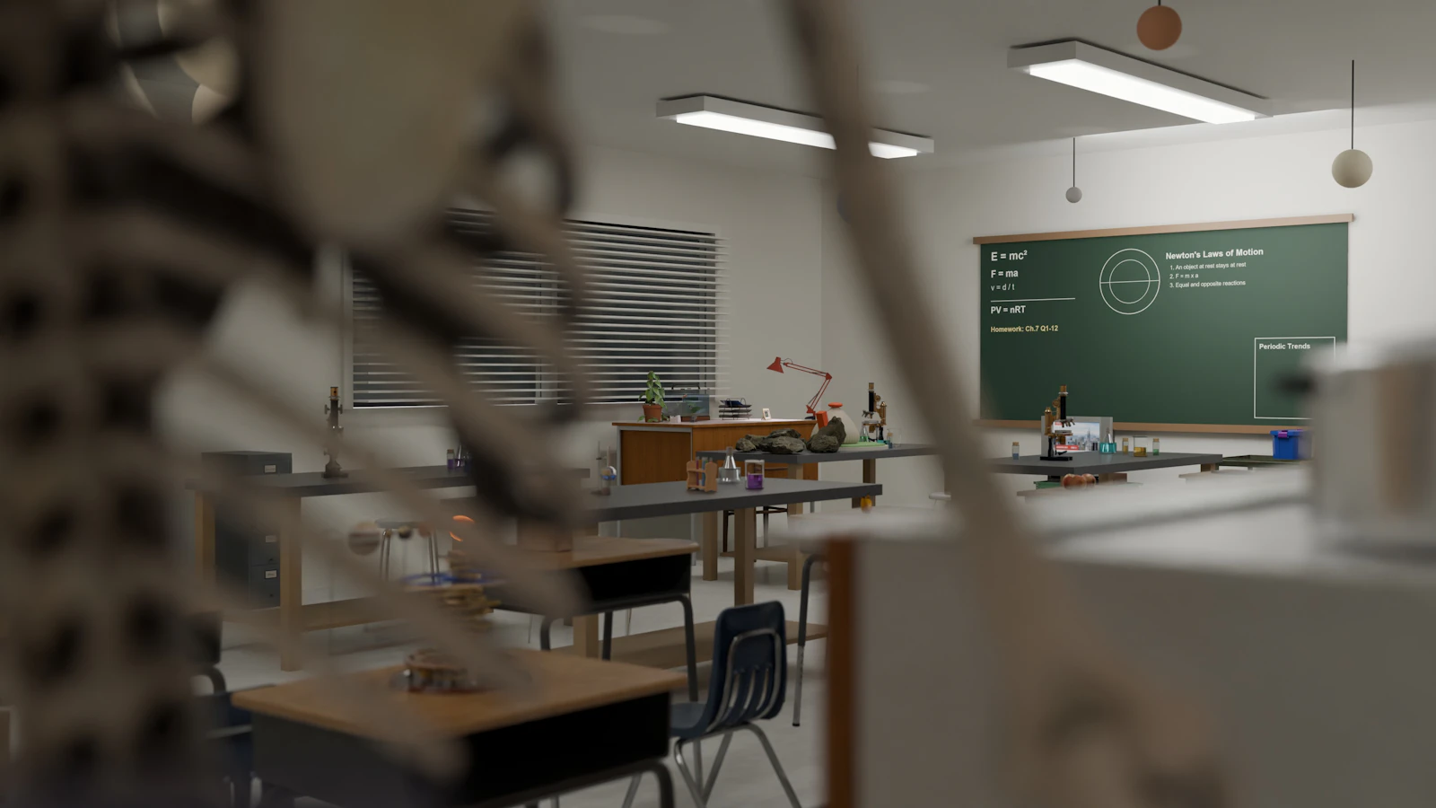 Empty science classroom with desks and a board