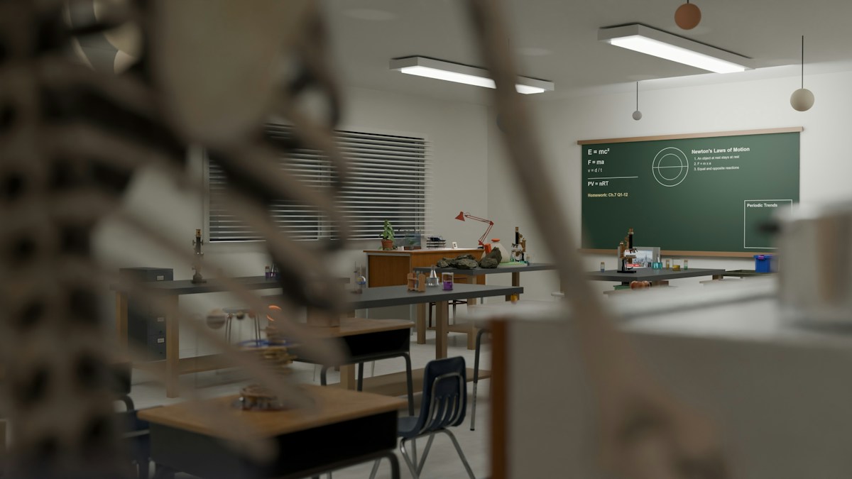 Une salle de sciences avec paillasses, chaises et tableau vert couvert de formules, vue à travers un squelette pédagogique