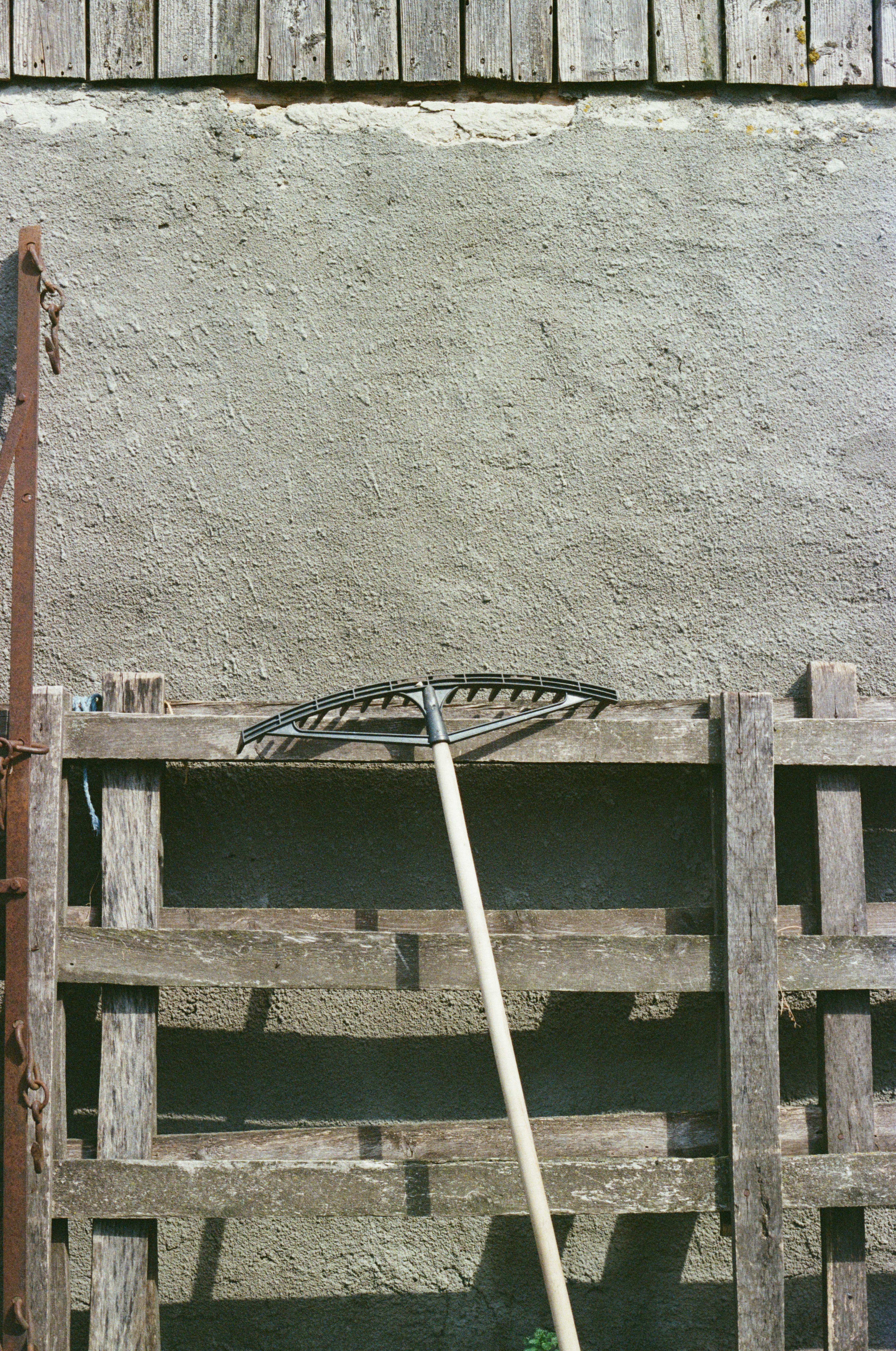 A rake leans against a rustic wooden fence and wall
