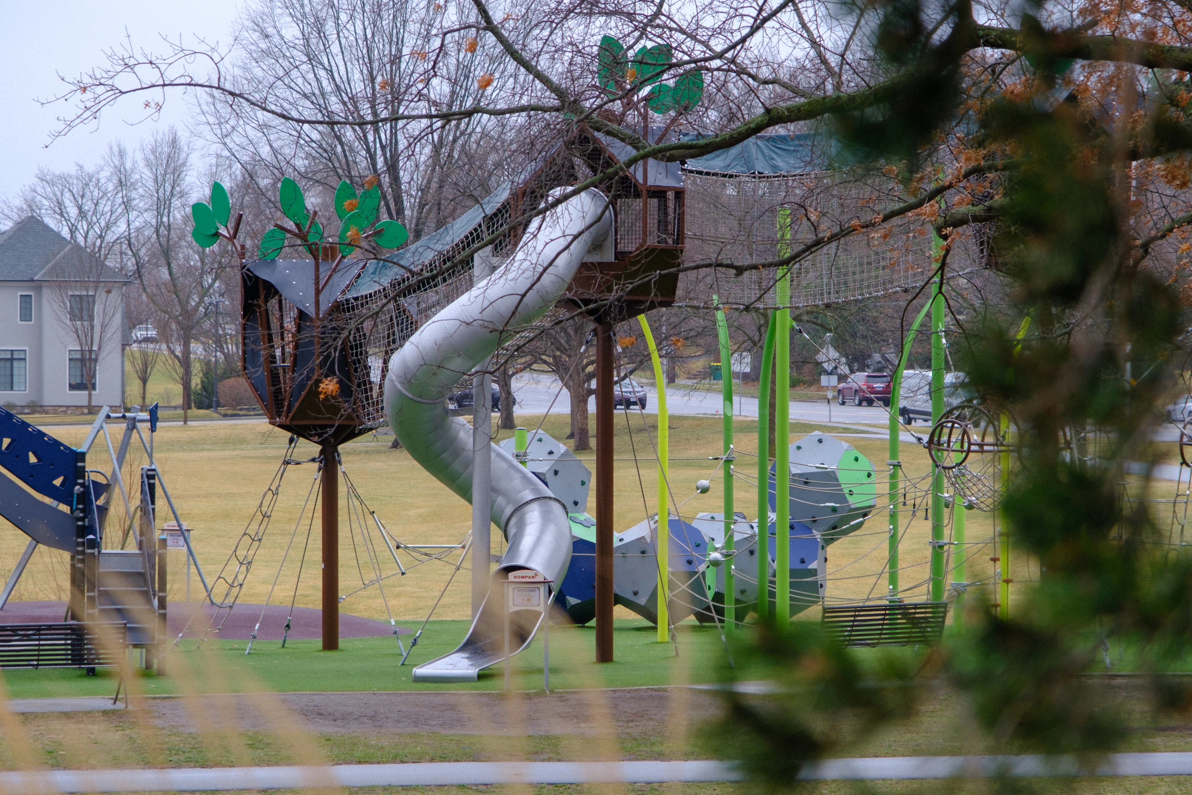 Playground with a winding slide and climbing frames