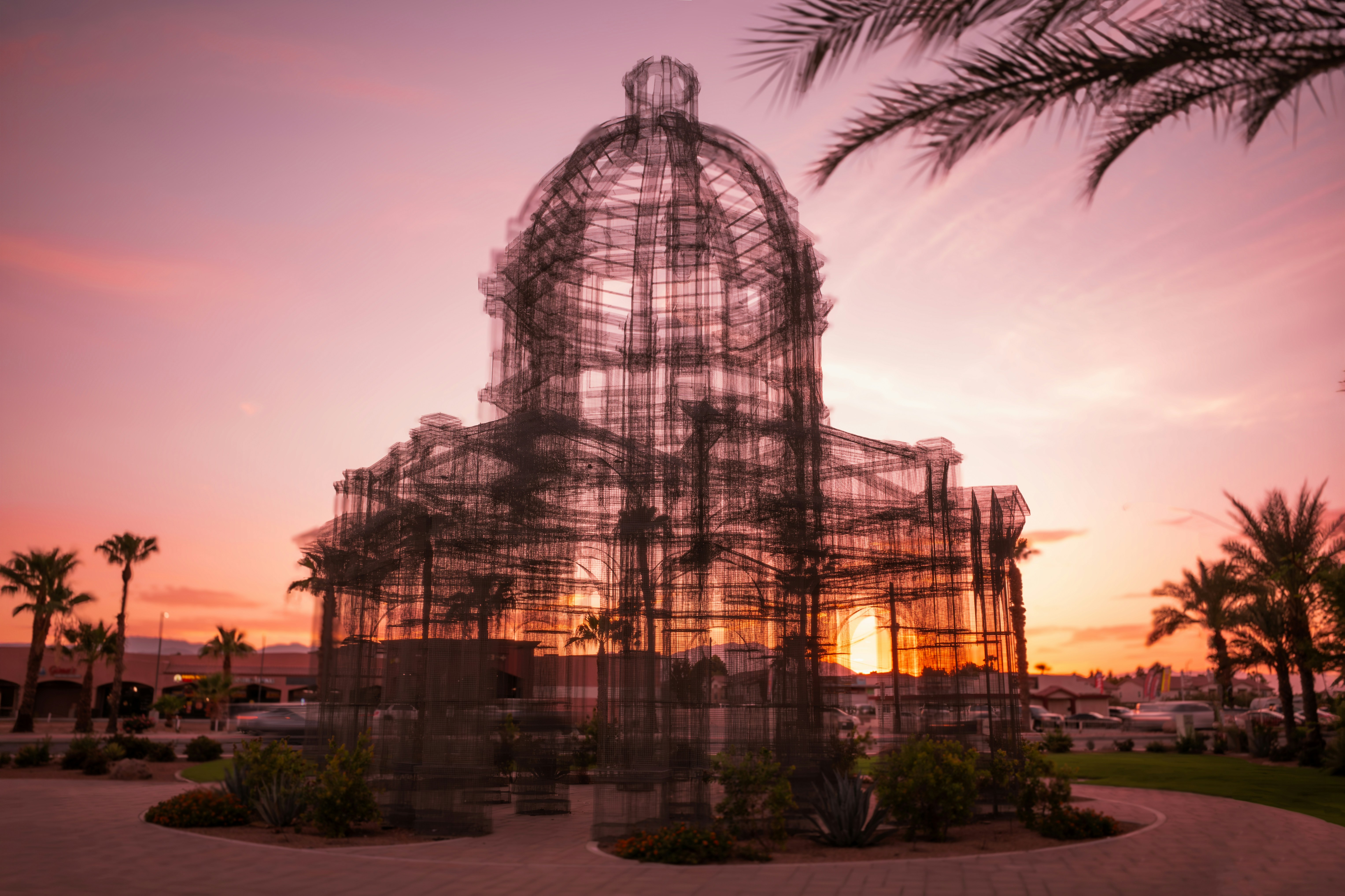 Escultura de arame de um prédio recortado contra um pôr do sol rosa.
