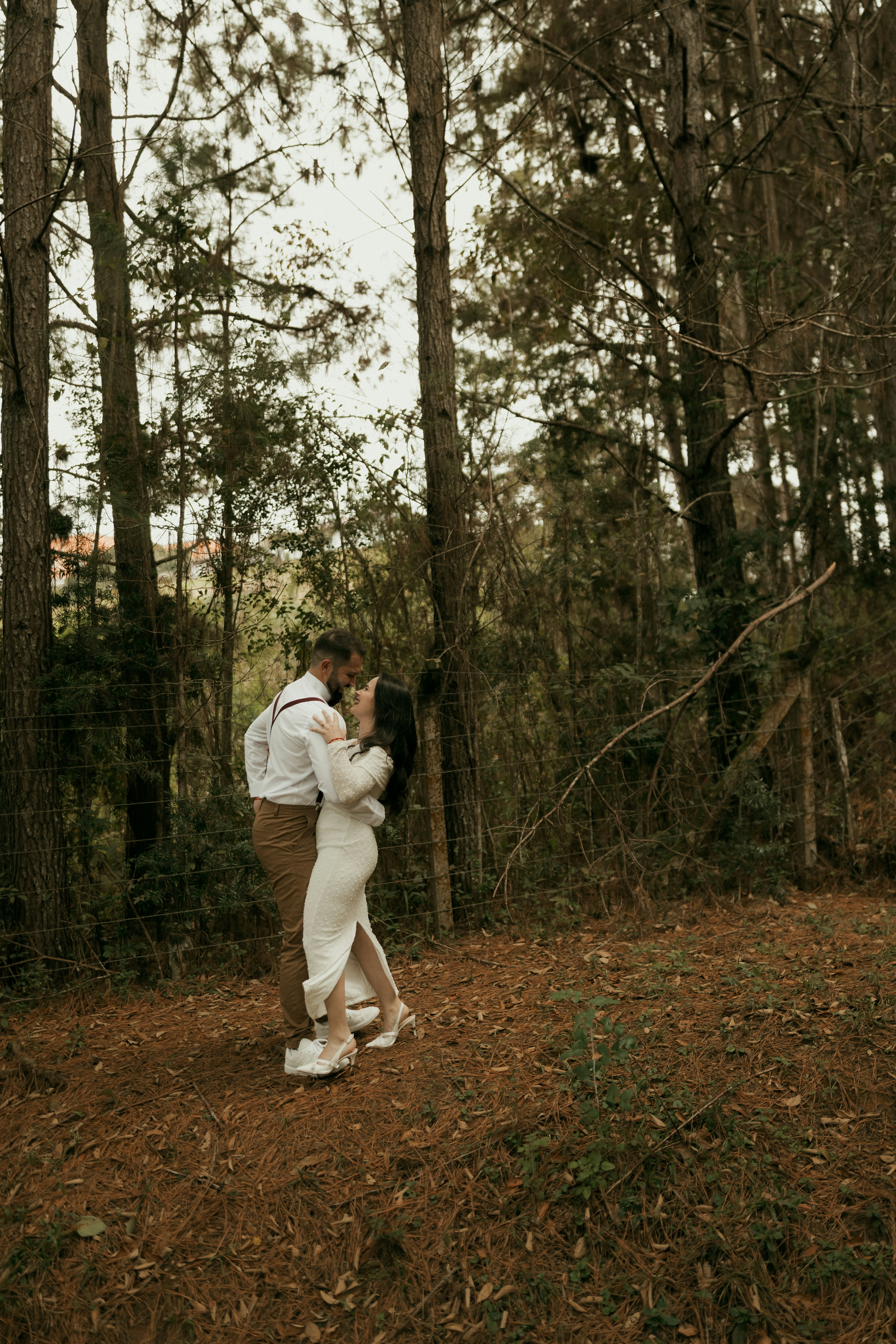 A couple kissing passionately in a beautiful pine forest.