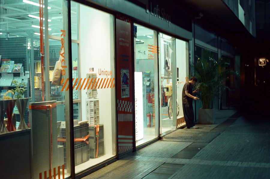 A shopfront lit up at night